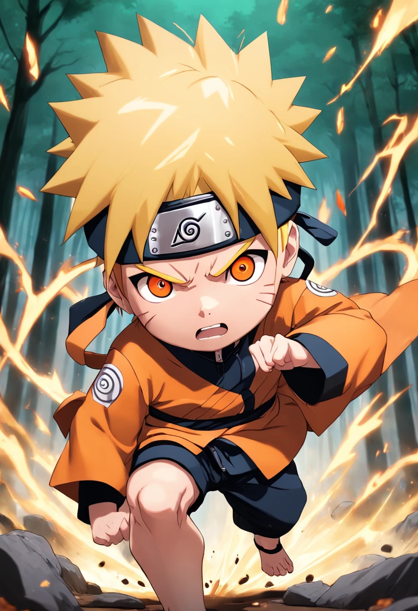 chibi chara (( naruto uzumaki)) em campo de batalha, cara de furia, pose de luta, estilo anime, by masashi kishimoto --auto