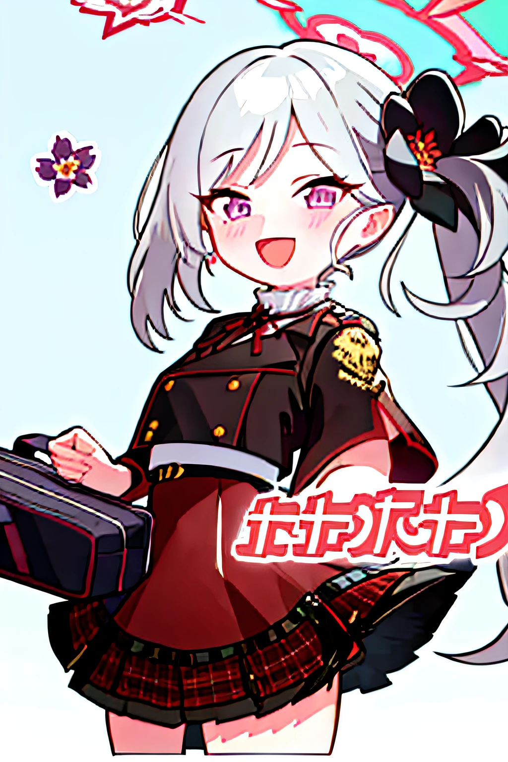 masterpiece, best quality, ultra-detailed, illustration, 1girl, :d, bangs, black flower, black jacket, blush, flower, grey hair, hair flower, hair ornament, halo, high-waist skirt, jacket, long hair, looking at viewer, mutsuki, open mouth, purple eyes, red skirt, short sleeves, side ponytail, skirt, smile, solo, upper body