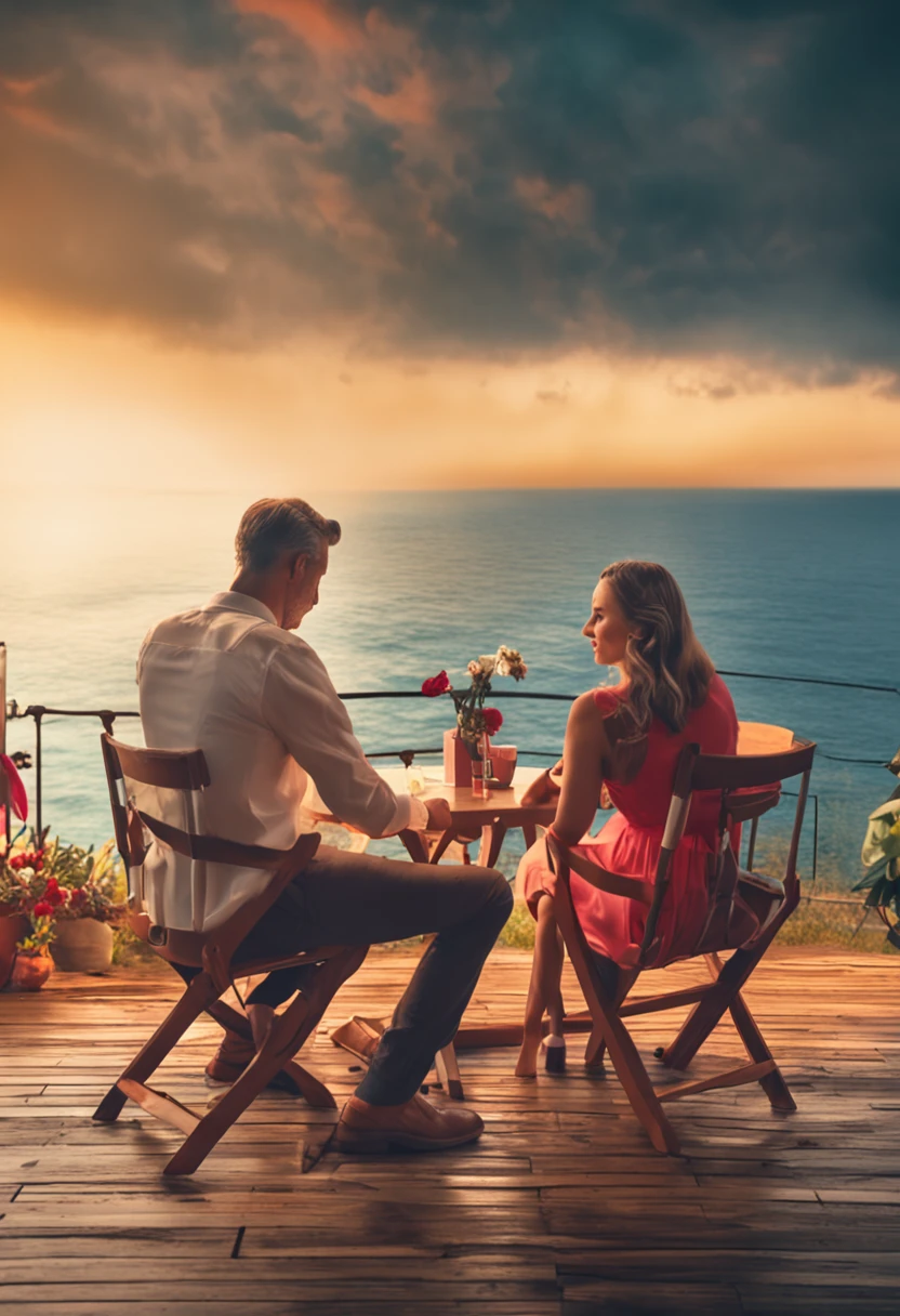 Couple front photo，sitting in a café，Elegant and dignified atmosphere，Bright shades，Mellow Atmosphere，Warm and comfortable atmosphere，telephoto lenses，softlighting，Positive，GaN technology，unity engine，4K Ultra HD。