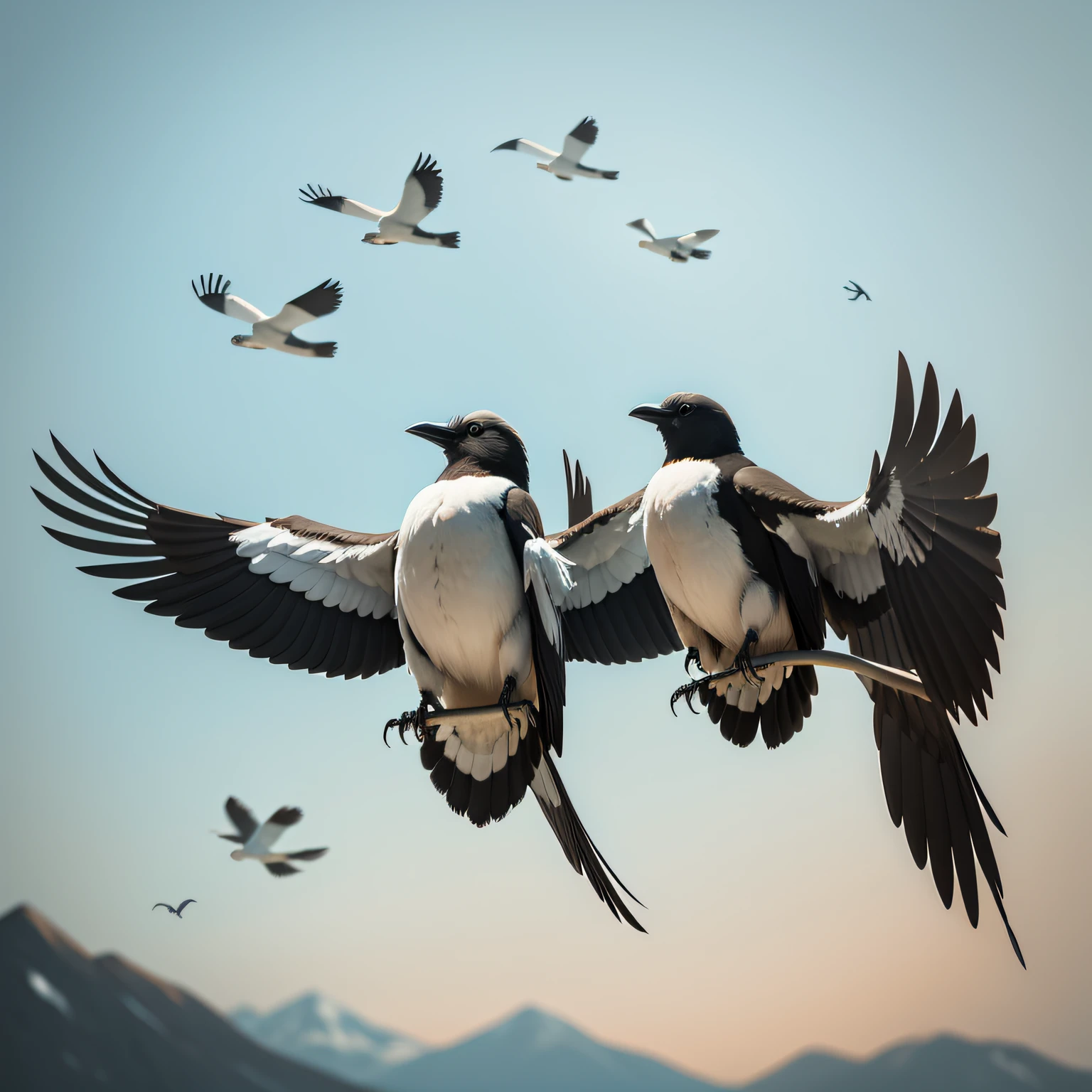 Line up magpies flying in the sky