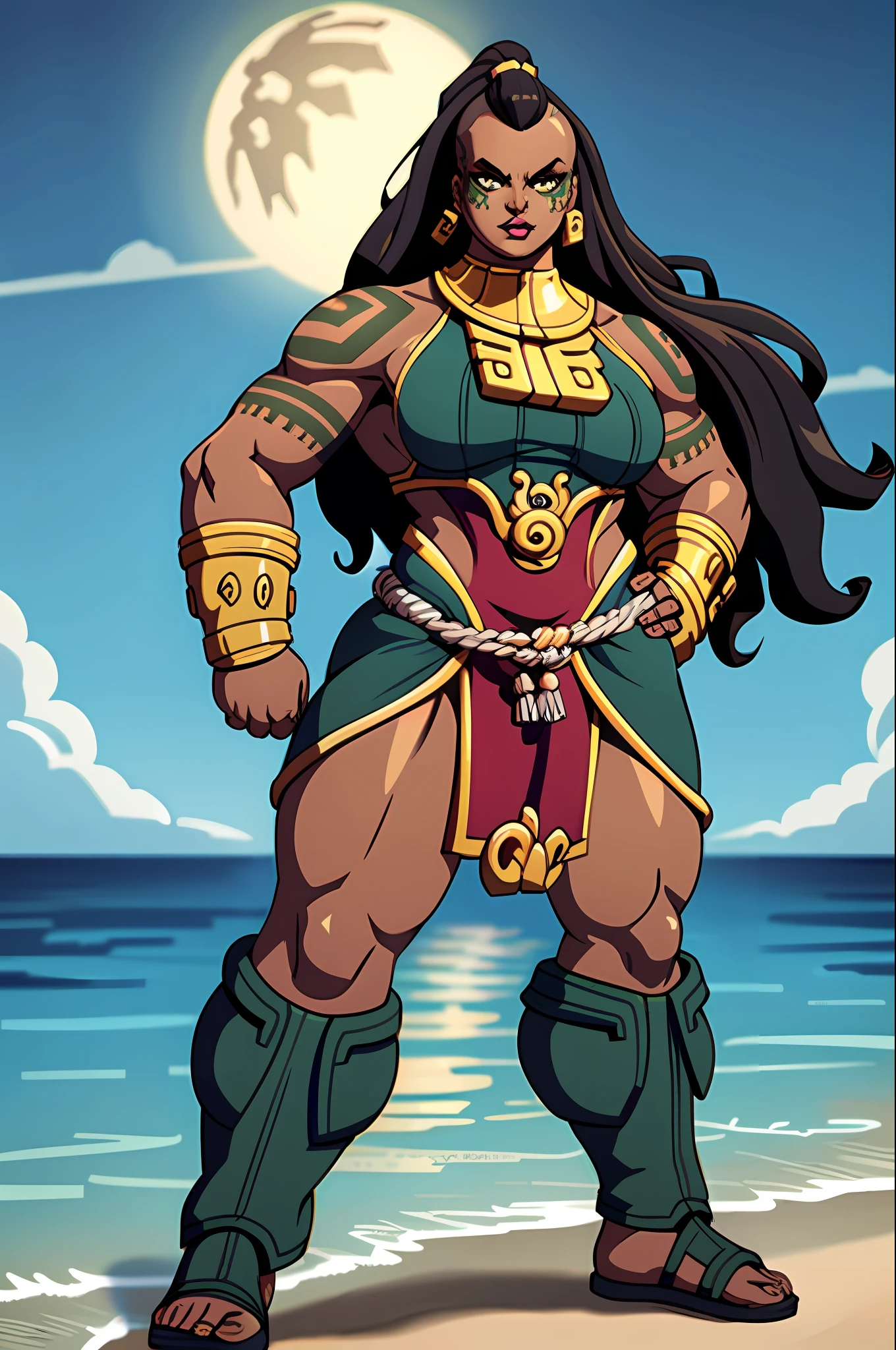 illaoi, 1girl, dark skin, long hair, muscular, solo, standing, detailed face, ultra detailed eyes, looking at viewer, cowboy shot, upper body, standing on liquid, shipwreck, (masterpiece:1.2, best quality), flipflops