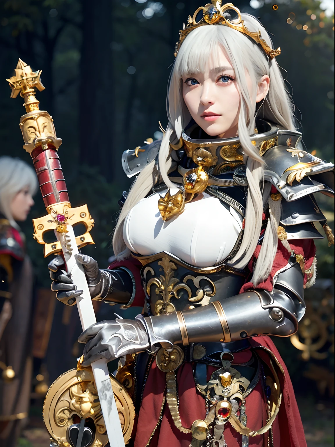 Professional , masterpiece、top-quality、photos realistic , depth of fields 、(Dragonlet Metal Body:1.9),(Mattretto、(cleavage of the breast)、Dragon Gold Weapon、(Micro Bikini Armor:1.4),Gorgeous gold weapons ,(( Dragon's dense and gorgeous sword)) , (demonic wings)、((a blond))、(Castle background)、((Gangle's forest background))、Beautiful Caucasian beauty、1a person、dynamic ungle,(((Detailed and ornate dragon helmet)))、Smaller head、A smile、Castle background、Thin and beautiful female hands、cleavage of the breast、Soldier in iron armor on background、Mystical expression、Light Effects、intense fighting、Wind-effect、magic circles、With the legendary magic wand、Dragon's tail、explosions、