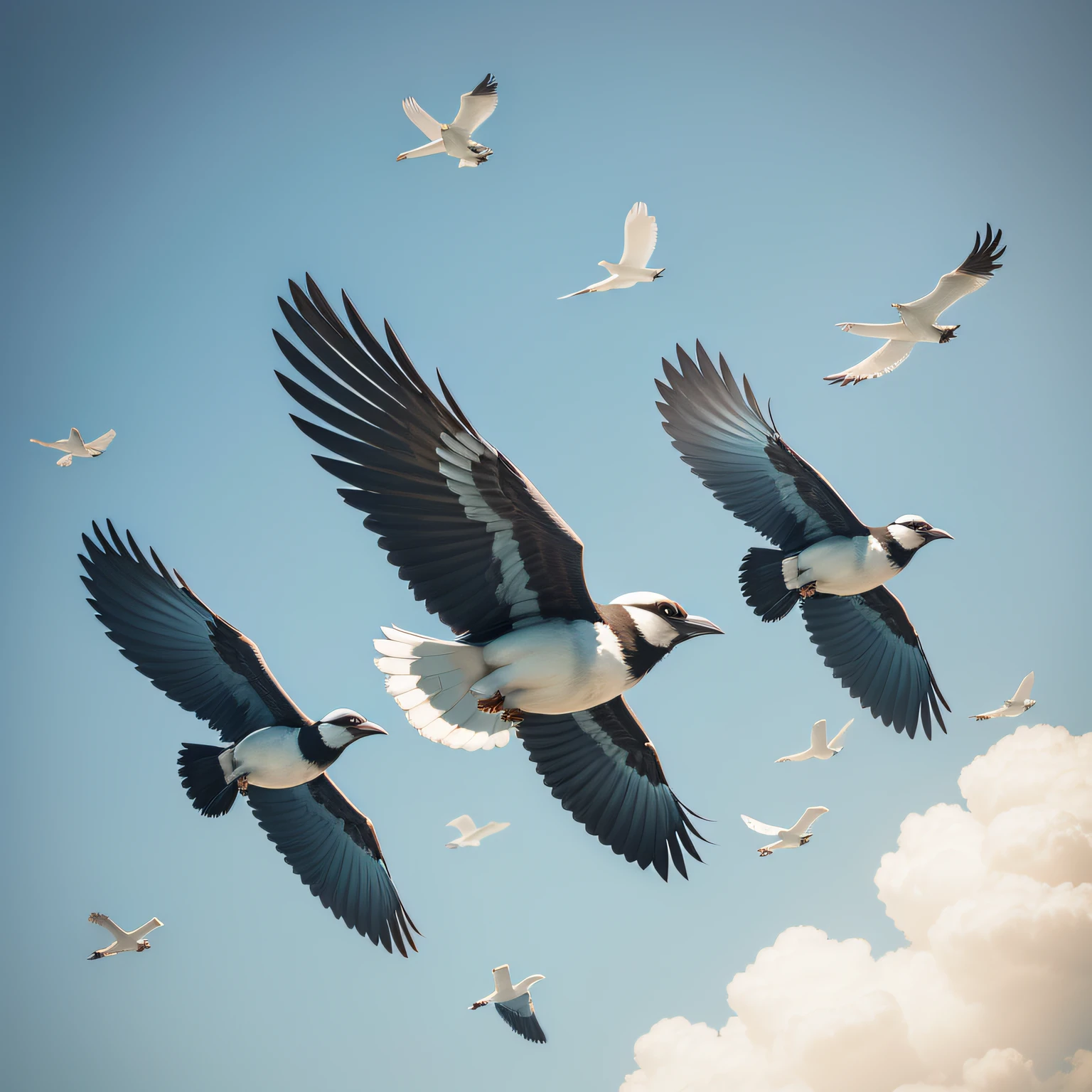Line up magpies flying in the sky