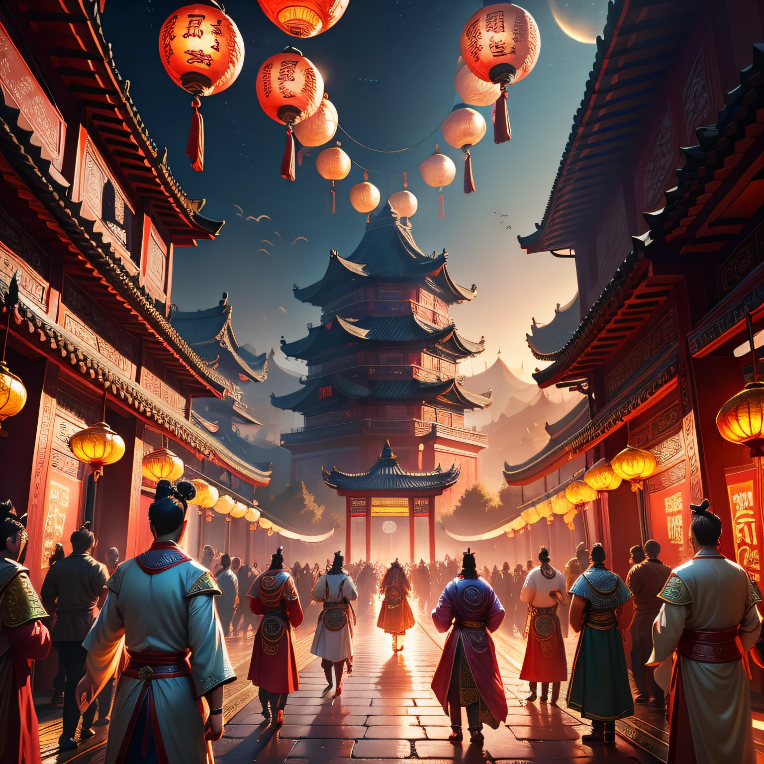 tmasterpiece，A high resolution，8K，absurd res，Complex scenes，Detailed content，CG animation，Street view of the Tang Dynasty, China，nighttime scene，From the Chinese mythological story Qixi Festival，Lively scene，