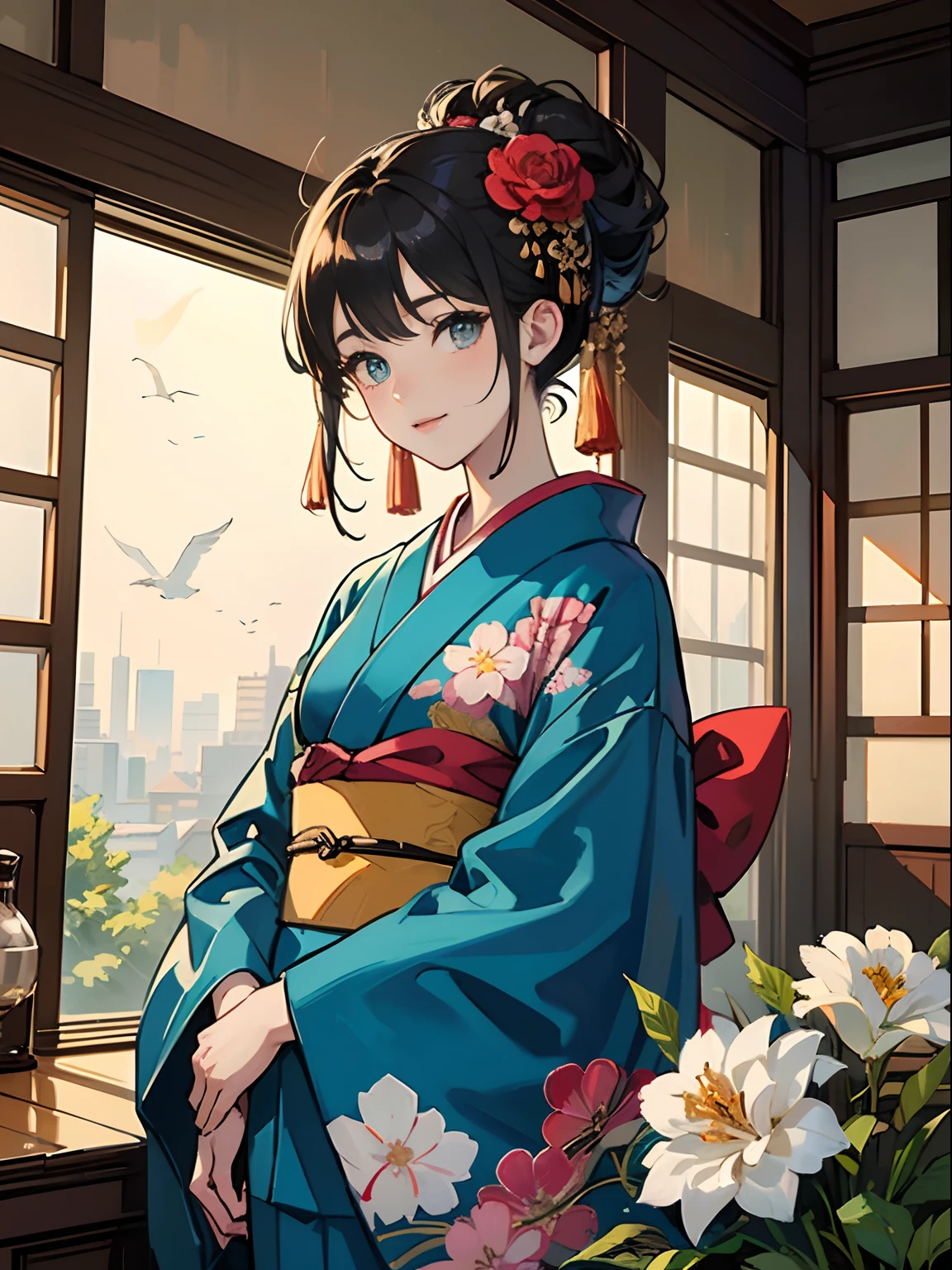 Master Pieces,hyper quality, Hyper Detailed,Perfect drawing,独奏、Beauty in the world、Komono、Japanese dress、Black-haired、Japanese hair、Colorful Japan kimono、Nishijin Ori、Delicate and smart eyes、ssmile、sidelong glance、Graceful、Gorgeous、Beautiful、red blush(0.2)、Dazzling、Stunning、Gorgeous、Gentle、Shunguang、natural soft light、Flowers and Birds Fugetsu、traditional Japanese room、Accurate drawing、Detailed drawing、
