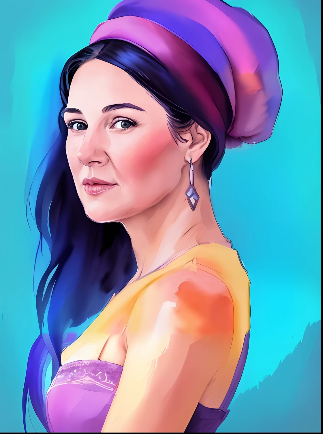 painting of a woman with a purple hat and blue hair, detailed color portrait, color portrait, portrait illustration, digital illustration portrait, in the art style of bowater, painted portrait, detailed illustration portrait, digital art portrait, megan fox colorful portrait, side centered painted portrait, nft portrait, art portrait, digital portrait, 2d portrait, portrait painting, realistic female portrait