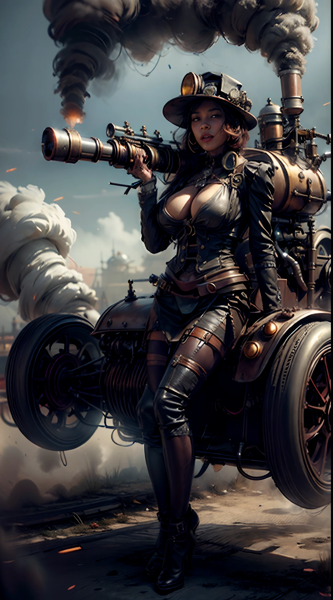 There's a sexzy black african woman with a steam-powered dusky skin, with big boobs,Royal look,helmet, arte conceitual steampunk, sexzy full body view, flying,Wojtek FUS, arte digital steampunk, detailed wild steampunk illustration, Portrait of a gold and copper mechanical city,digital altamente detalhada em 4k, sci-fi steampunk,full body view sitting in steam punk car