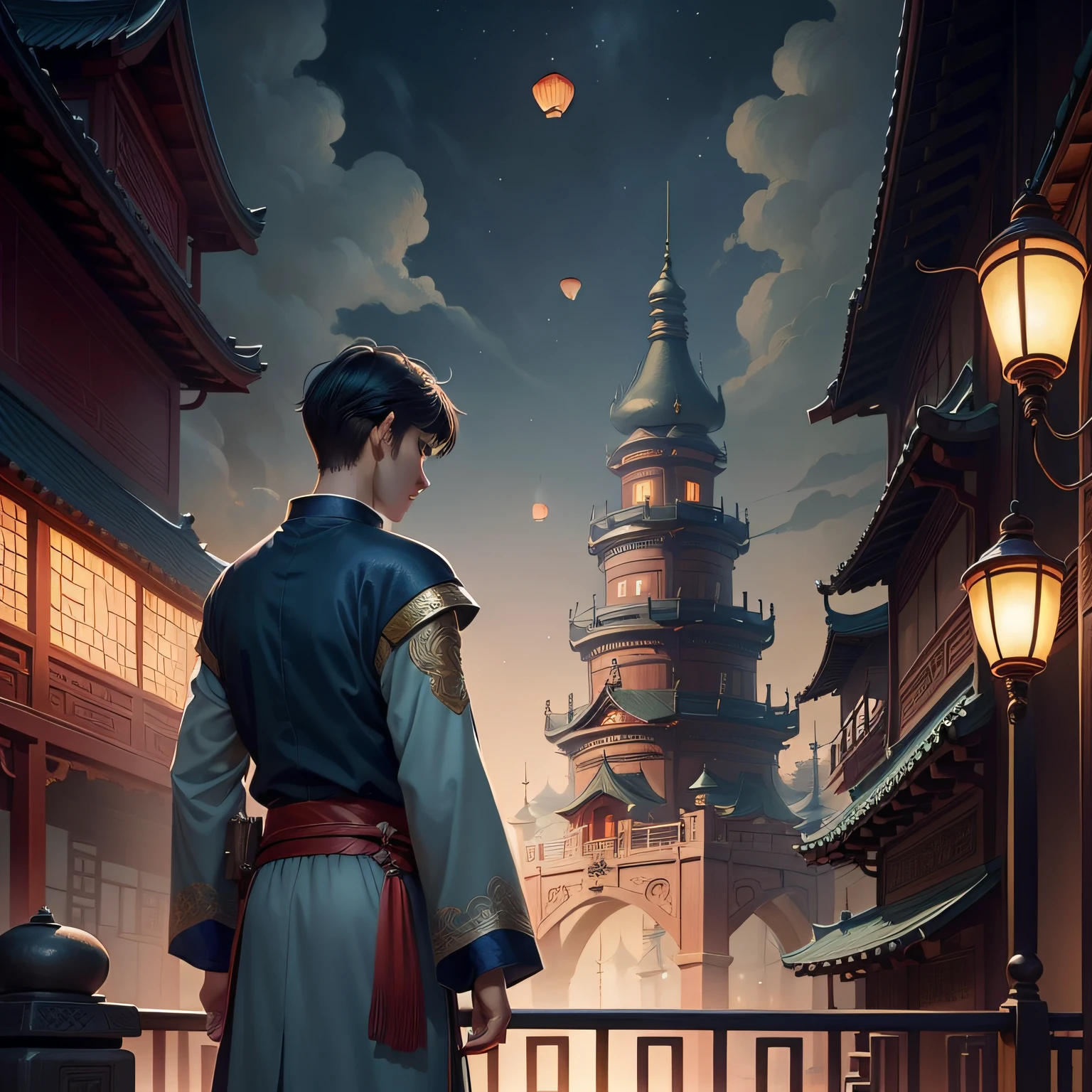 Two people stood on the bridge,There are lanterns hanging in the sky, A beautiful artwork illustration, fairy-tale illustration style, dreamlike illustration, illustration!, Chinese fantasy, Fine quality illustrations, boy girl traditional romance, 2 d illustration, 2D illustration, by Yang J, author:Qu Leilei, blurry and dreamy illustration, Digital illustration, natta, A illustration