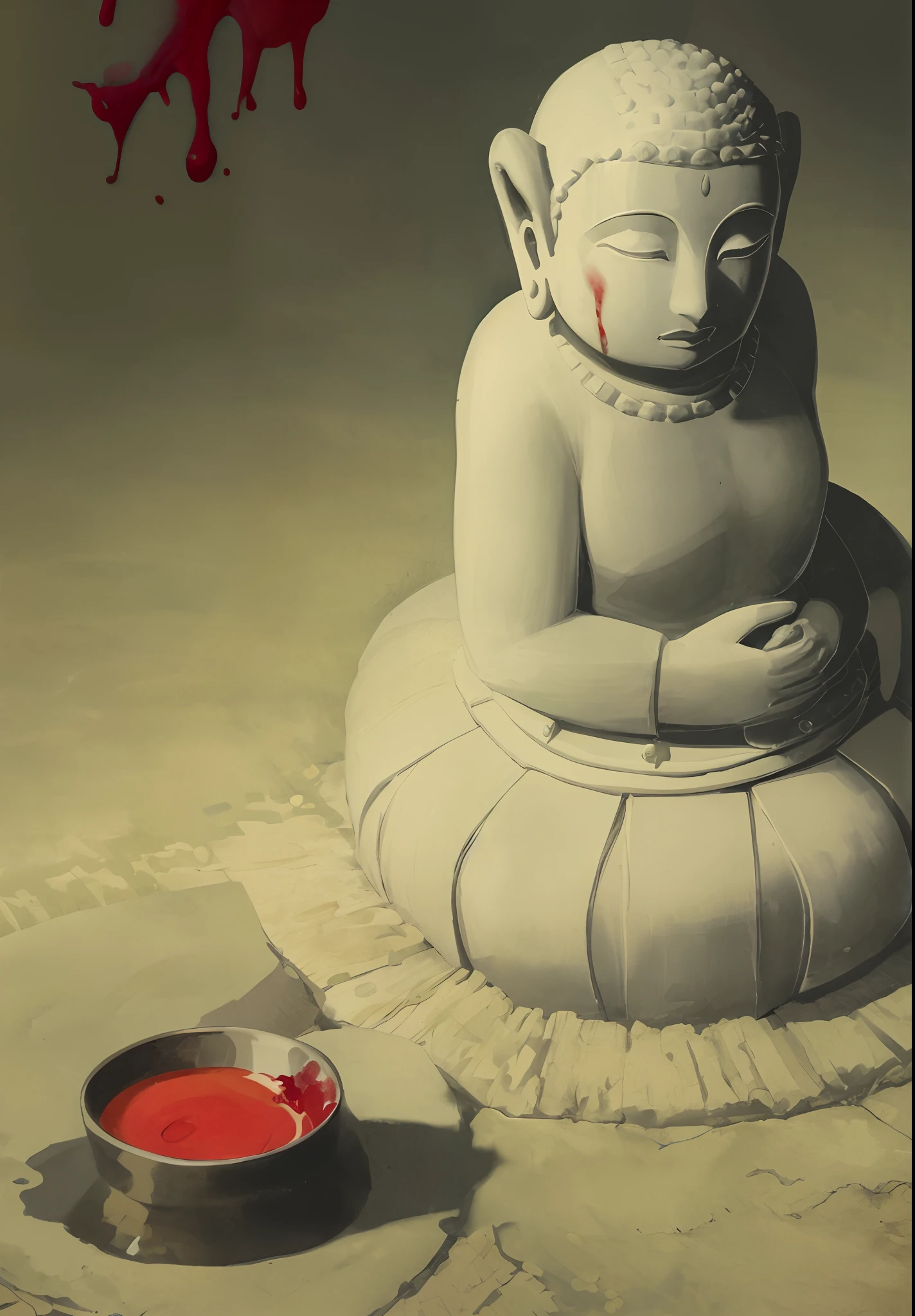 Worship Buddha Cute sexy slightly fat girl with Buddha statue Buddha statue eyes blood red weird horror scene