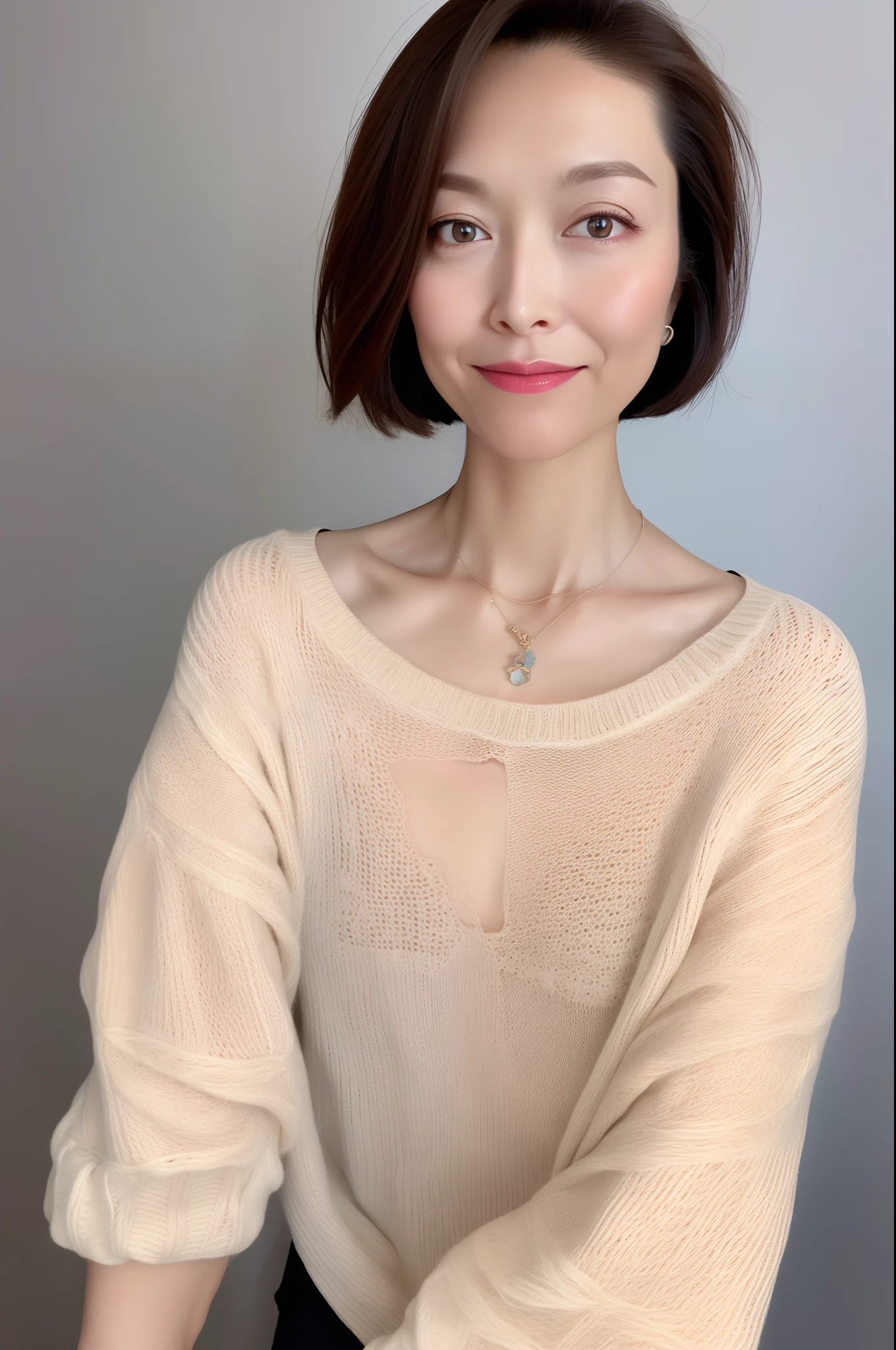 (Best quality, 8k, 32k, Masterpiece, UHD:1.2),Photo of Pretty woman, large breasts, very short bob hair,upper body,face focus,oversized_sweater, necklace, simple background, from above, looking at viewer,