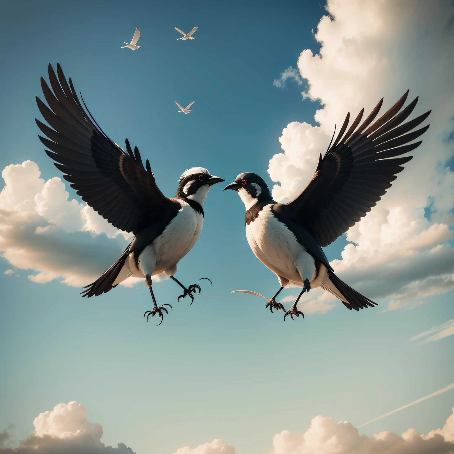 Magpies flying in a straight line in the sky