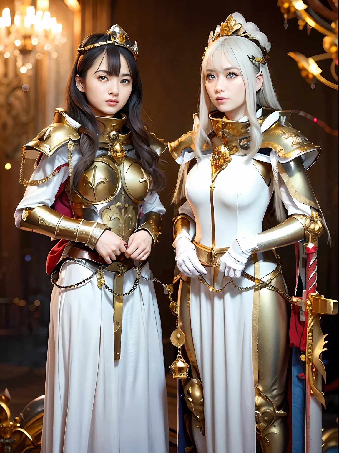 (masutepiece), Professional , masterpiece、top-quality、photos realistic , depth of fields (Gemstone Silver Metal Body:1.9),(Matte White、Jewel Gold Weapon(Jewel Metal Body:1.4),Gorgeous metal weapons , Detailed Sword of the Brave , Beautiful knife ,warhammer 40k , adepta sororitas,Detail and ornate jewel crown、Golden hair、Gangle's forest background、Beautiful Caucasian beauty、1a person、dynamic ungle,(((Detailed and ornate diamond crown)))、Smaller head、A smile、Background inside the castle、Thin and beautiful female hands、cleavage of the breast、Soldier in iron armor on background、Soldier in iron armor on background、Mystical expression、Light Effects、