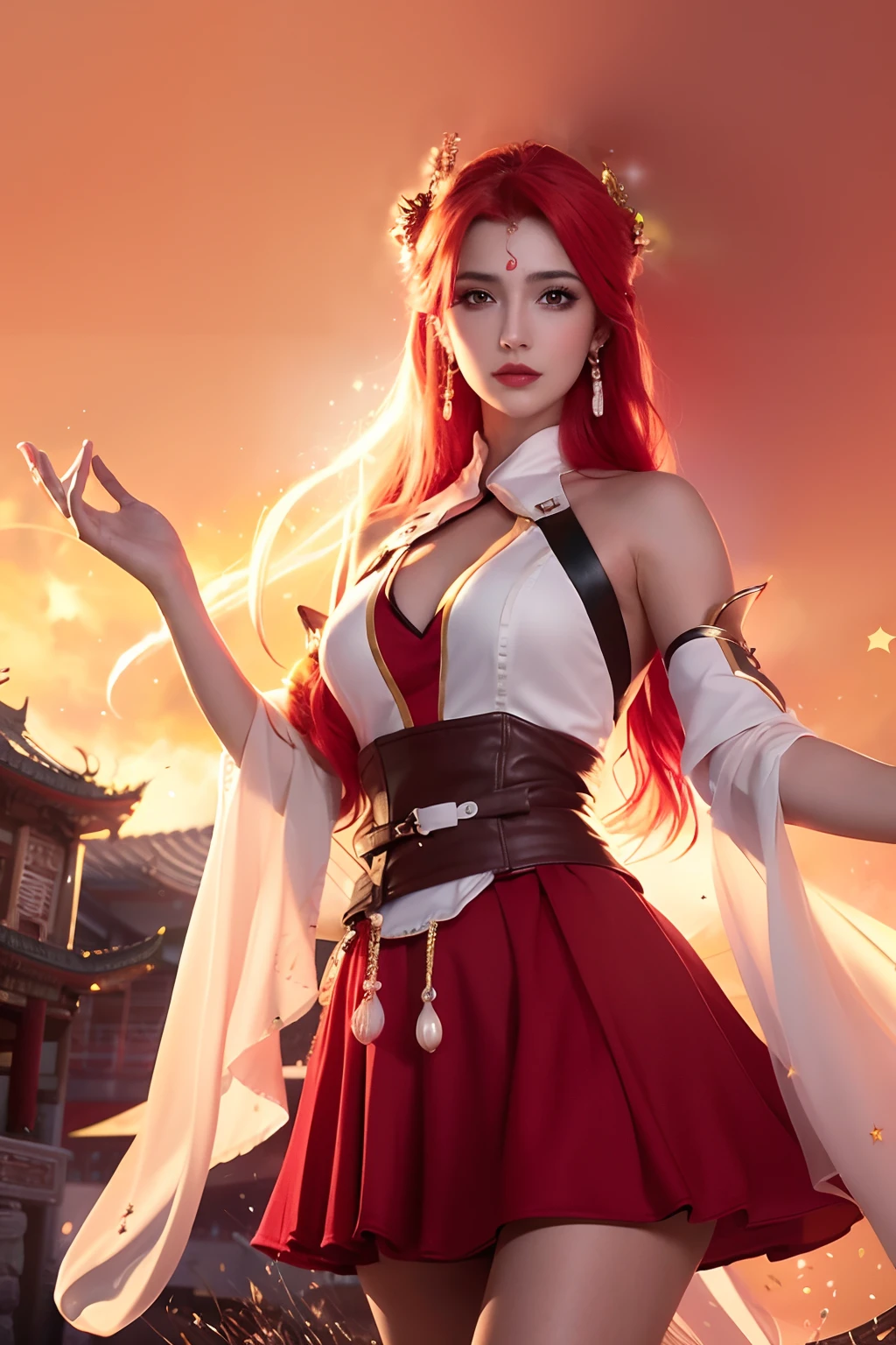 Girl, young and beautiful, tall and beautiful, fair face, perfect features, tall and beautiful, fair skin, good figure, heroic and valiant, heroic and valiant, wearing ancient Chinese armor, female general, Chinese landscape background, standing on the top of the mountain, 500 years ago, starry night, realistic, detailed, 8k, mix4,   red_dress,starry sky, fire, red hair, solo, hair ornament, long hair, red eyes, jewelry, earrings, dress, bare shoulders, red lips, upper body, white background, facial mark, crescent, lipstick, forehead mark, looking at viewer