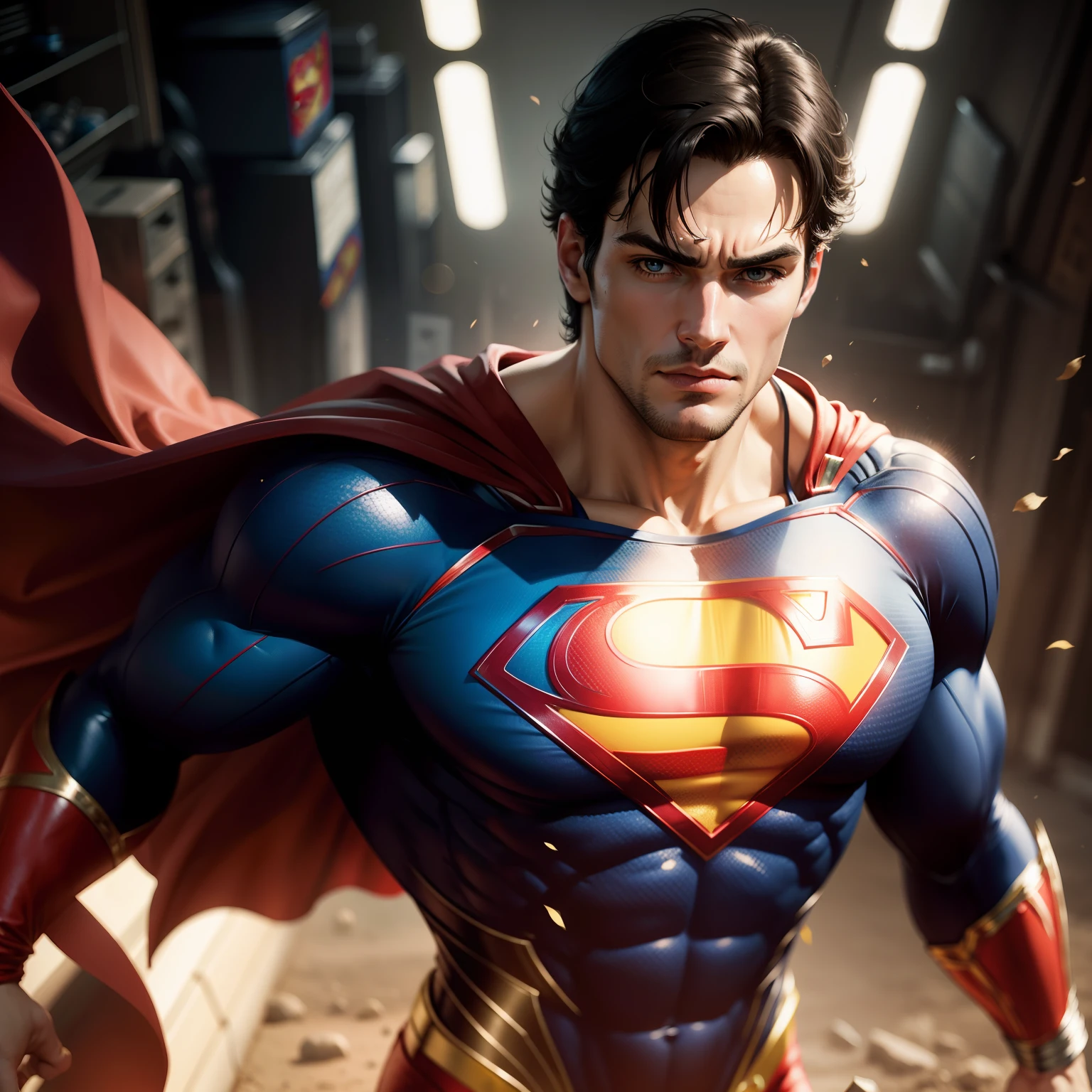 Use deep, dramatic shadows to emphasize the contours of Superman's muscles, enhancing the sensuality and definition of his physique.(masterpiece, best quality), Herny Cavill as superman, muscular, blue eyes, complex, (rooftop), full body, superman costume, bright colors, (depth of field: 1.2), (abs), blush, looking at the audience, on the floor, spreading your legs, nfsw