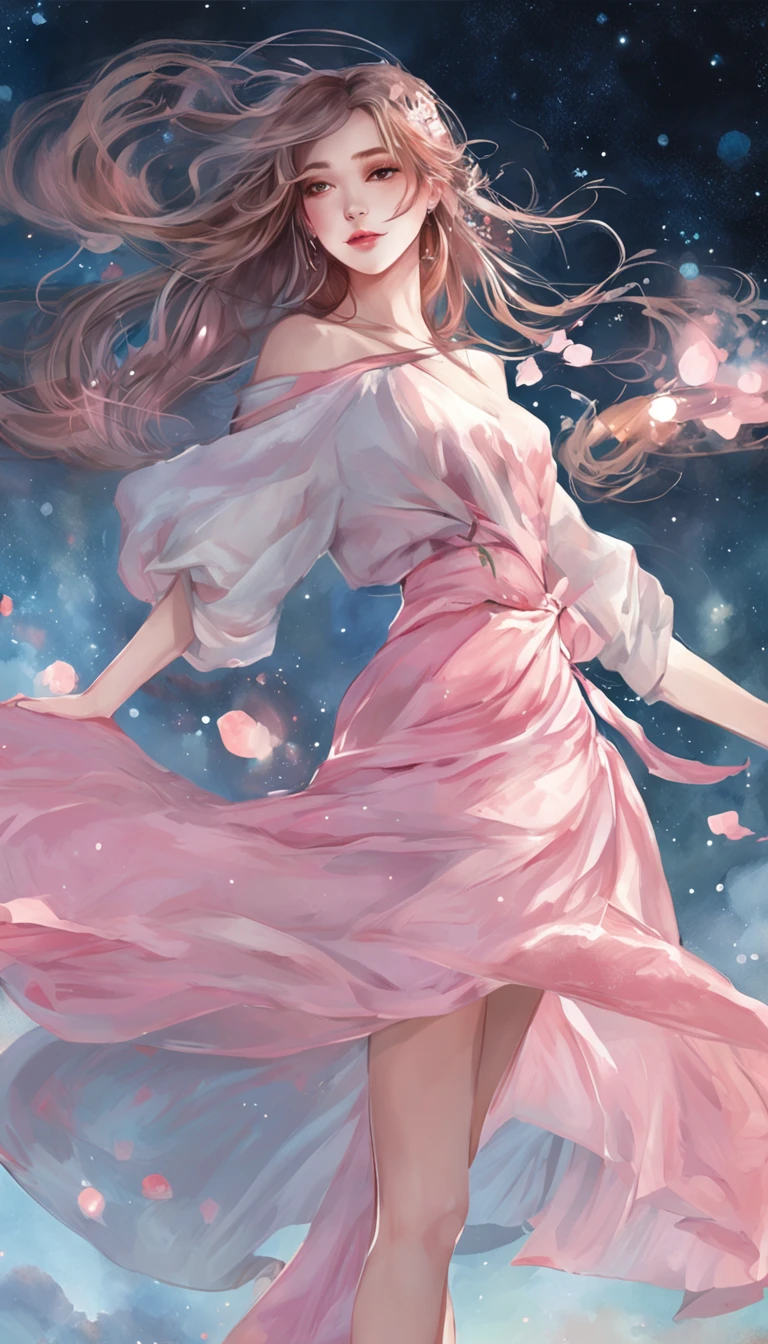 ((From below)), ((full bodyesbian)), ((Realistic)), ((crossedlegs)), Beautiful young girl, Sexy goddess, slender leg, cold light, the night, starrysky, (The shirt, One shoulder, pleatedskirt), (In pink, cyan colors, white colors), Detailed scenes, Beautiful digital illustration, the detail，Hyper-detailed, (best qualtiy，tmasterpiece)