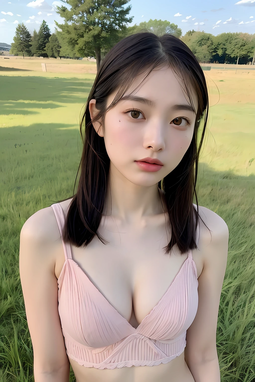 (Photo taken by Canon EOS R6, 85 mm, 1/1250, F/2.0, ISO 400)、extra detailed body、extra detailed face、best qualtiy:1.2)、femele、looking at the viewers、(JINS)、(The background is a vast grassland:1.4)、full body Esbian、Precise proportions、(Japan Person Model)、18 year old girl、Slim model、小柄、Hair that flutters in the wind、long legged、small ass、red blush、full of shyness、鎖骨、abdominals、Double weave、A Japanese Lady、beautiful and delicate face、fair white skin、authentic skin、(详细的脸)、Well-formed round face、pores、超A high resolution、 8K、parameters Best quality、masterpiece、(realisitic:2.0)、detaileds、Skin Details、Brunette twin tail hair、beautidful eyes、An Asian girl、Slimed、girlfriend、Beautiful fece、Beautiful fece、Studio Lighting、(((teats)))、Natural abs、bangss、bare shoulders、hair between eye、lightbrown hair、oval-face、二重まぶた、Central eye、独奏、((Thin natural pink areola))、delicate and sexy(鎖骨:1.3)、(shinny skin:0.8)、(masterpiece:1.4)、(top-quality:1.4)、natural(Perfect breasts with good shape:1.25)、shiny lip、(S FW na)、Sweat muscles(One nipple on one breast)、((small tits))、((small areolas))
