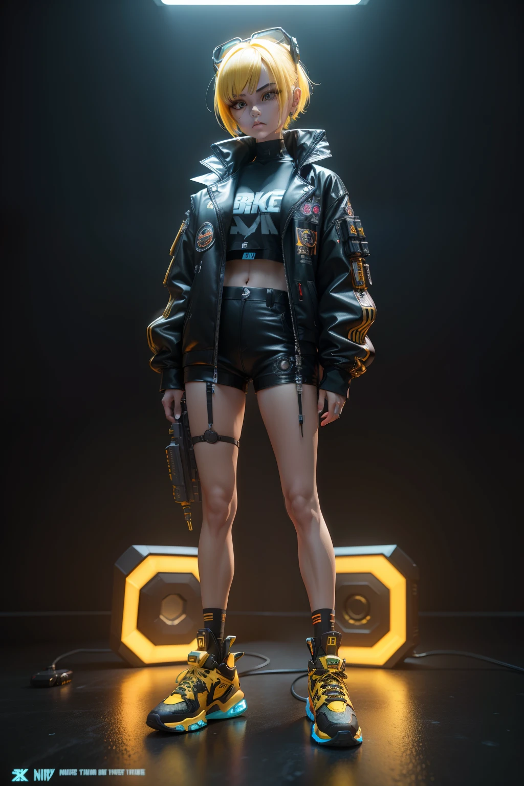 mechanical cyborg, chibi girl, resin mockuP, complex details, looking at viewer, bored pose, full body, black background, super trendy, with yellow hair, bored face, robotic arms, holding black mecha guns, wearing black bullet proof jacket, and black orange nike functional shoes, neon light lines on jacket shorts and shoes, fine luster, clay material,popmart style, cyberpunk, ip by popmart,mockup blind box, studio light, front view, 3d rendering, c4d, octane render, blender, hyper quality,ultra hd, ultra high detail, 8k, --nifi 5 --style expressive