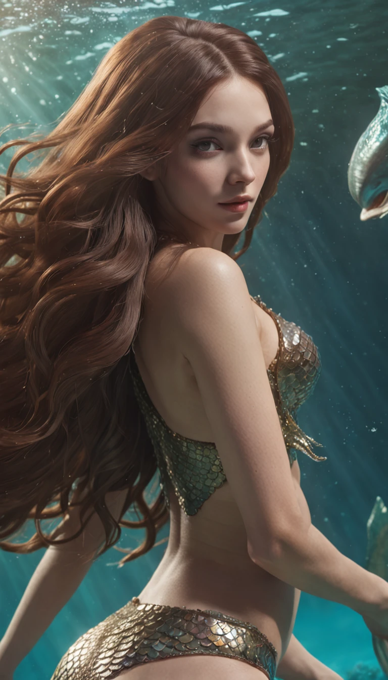 (professional 3d render:1.3) ((Mermaid swimming all body)) (Realistic:1.3) most beautiful artwork photo in the world，(((Brown hair))), (( Brown eyes)), brunette, Caucasians, ((long mermaid tail)), (((Detailed mermaid fins))), full bodyesbian, sport, Features: soft and shiny, ((Epic mermaid fantasy long hair in dynamic pose,Full tail, Fantastic location, Majestic cluttered environment)), Full body 8K unified rendering, action  shot, skin pore, heavyshading, Detailed, Detailed face, (vibrant, photograph realistic, Realistic, Dramatic, Dark, Sharp focus, 8K), (fish scales:1.4), ((((Mermaid tail)))), (Intricate:1.4), decadent, (Highly detailed:1.4), Digital painting, rendering by octane, art  stations, concept-art, smooth, Sharp focus, illustration, Art germ, (loish:0.23), (Global illumination, Studio light, volumettic light), Underwater, Ocean, lotr, fantasy, mermaid, ((Sea backgroun:1.3)),CGSesociety,art  stations