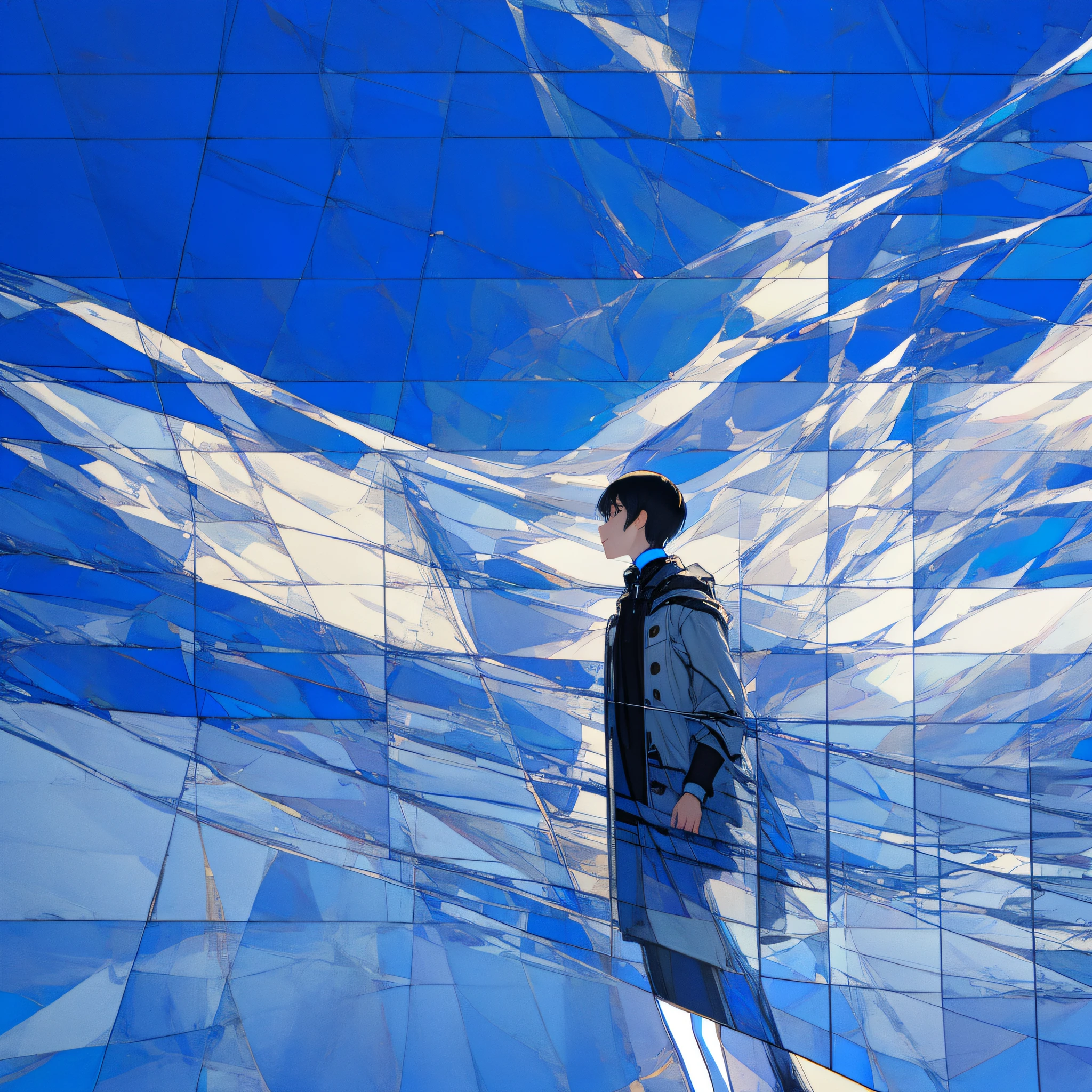 A boy with，Blue sky background，Looking Up The Sky，with short black hair，White coat，Black wires in the background