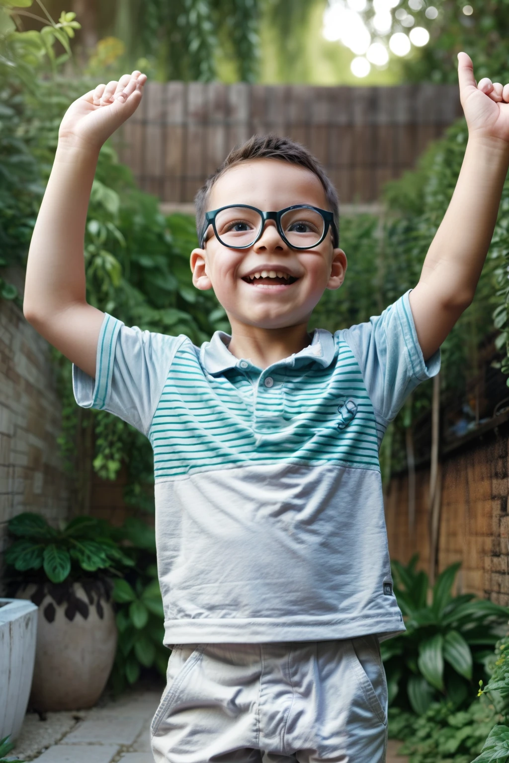 guttonerdvision12, In a stunning sunlit garden adorned with vibrant trees and blossoming flowers, a 3-year-old boy wearing glasses is dancing with pure delight. His tiny hands reach high into the air as he revels in the sunshine and the simple joys of childhood. Hyper-detailed, ultra-high-definition (UHD) resolution of 1.3, detailed focus on the boy's face, playful mood, intricate rendering of the garden with blurred background, warm sunlight filtering through the leaves and petals. A hyper-detailed and heartwarming UHD image (1.3) that captures the essence of a young boy's happiness as he dances in a sunlit garden. The focus on the boy's face ensures that every expression is brilliantly detailed.