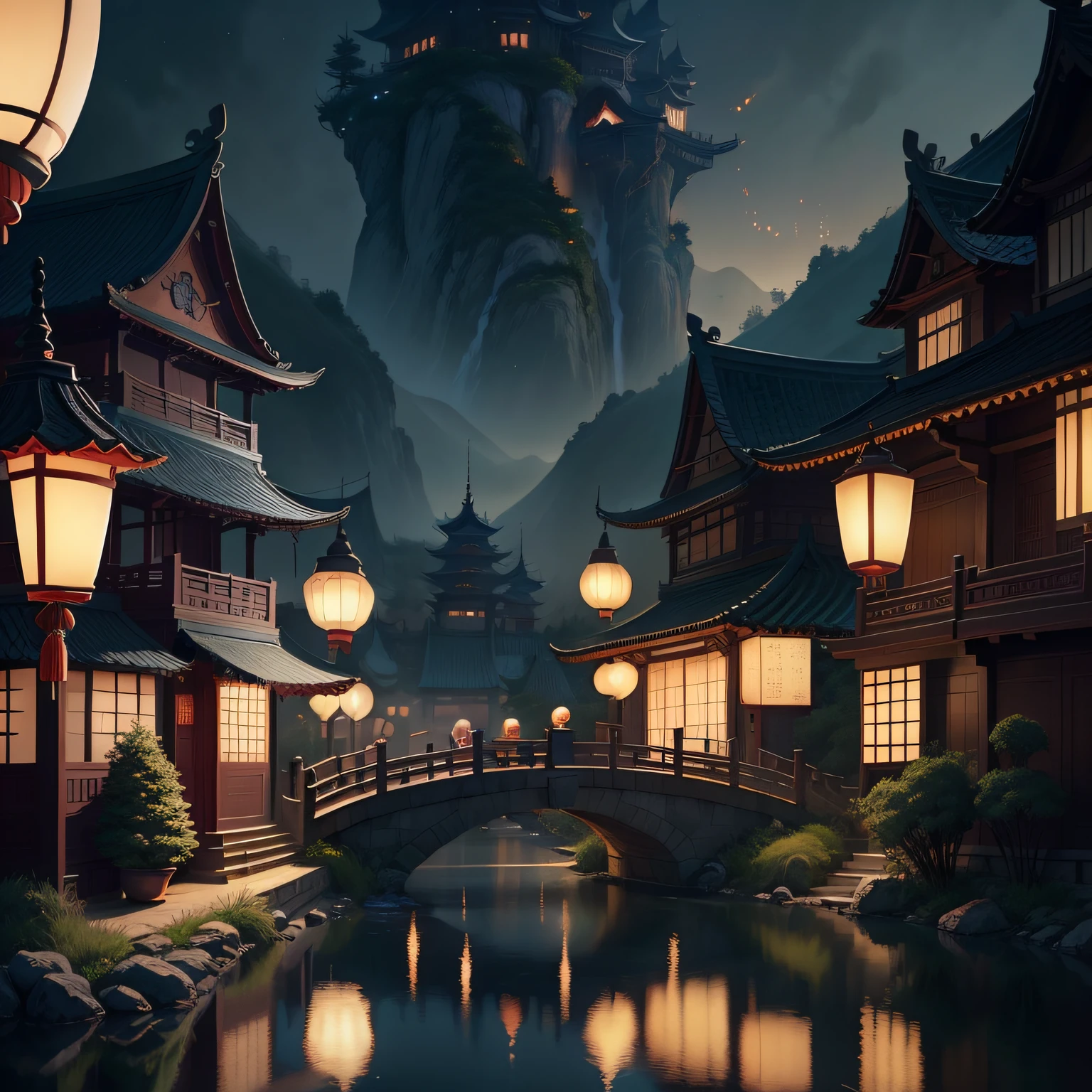 Two people stood on the bridge,There are lanterns hanging in the sky, A beautiful artwork illustration, fairy-tale illustration style, dreamlike illustration, illustration!, Chinese fantasy, Fine quality illustrations, boy girl traditional romance, 2 d illustration, 2D illustration, by Yang J, author:Qu Leilei, blurry and dreamy illustration, Digital illustration, natta, A illustration