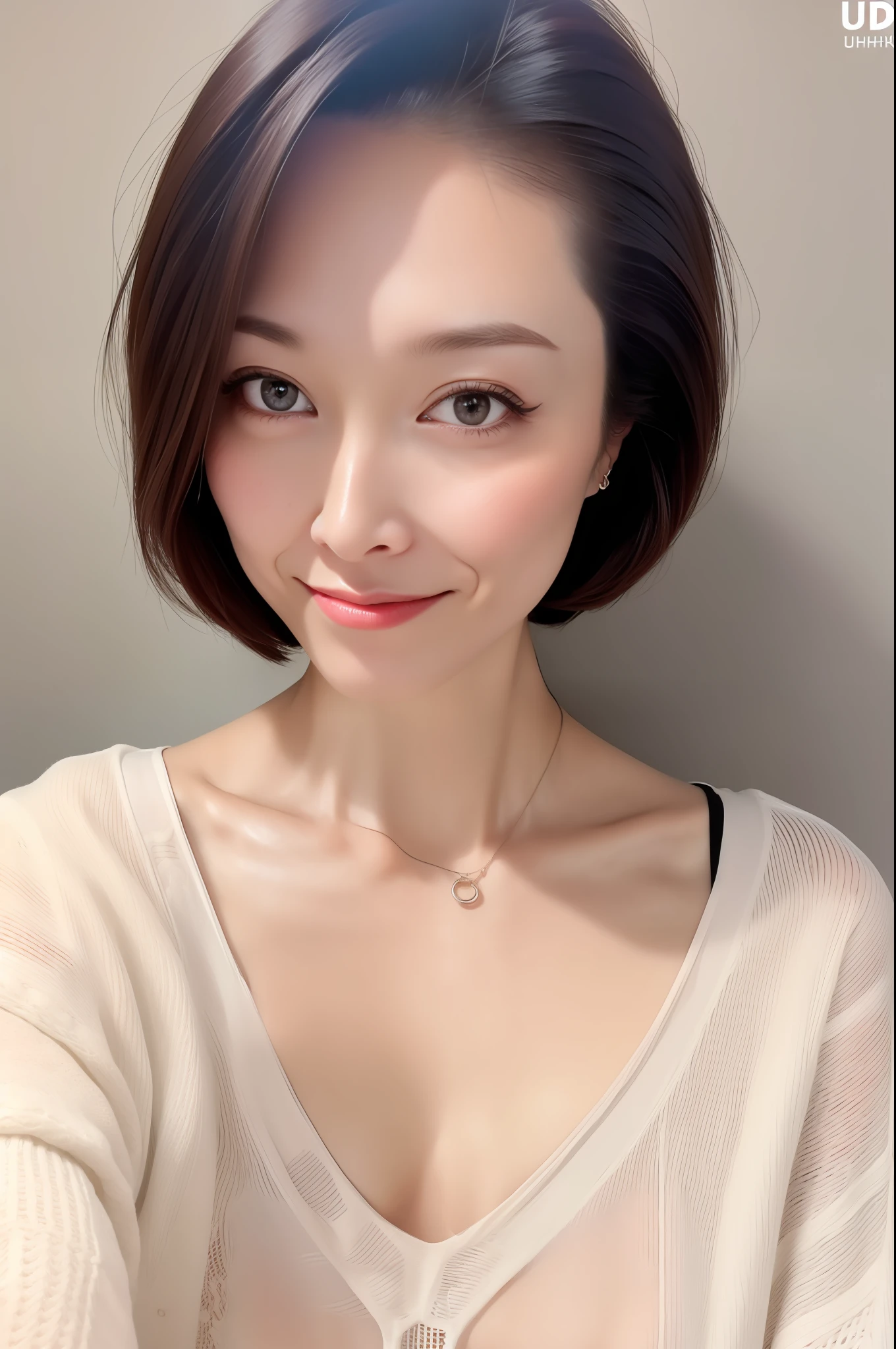 ((Best quality, 8k, Masterpiece :1.3)), 1girl, Pretty woman with slender abs :1.3, (Medium-short hair, Huge breasts :1.2), Cardigan :1.1, Ultra-detailed face, Detailed eyes, Double eyelid