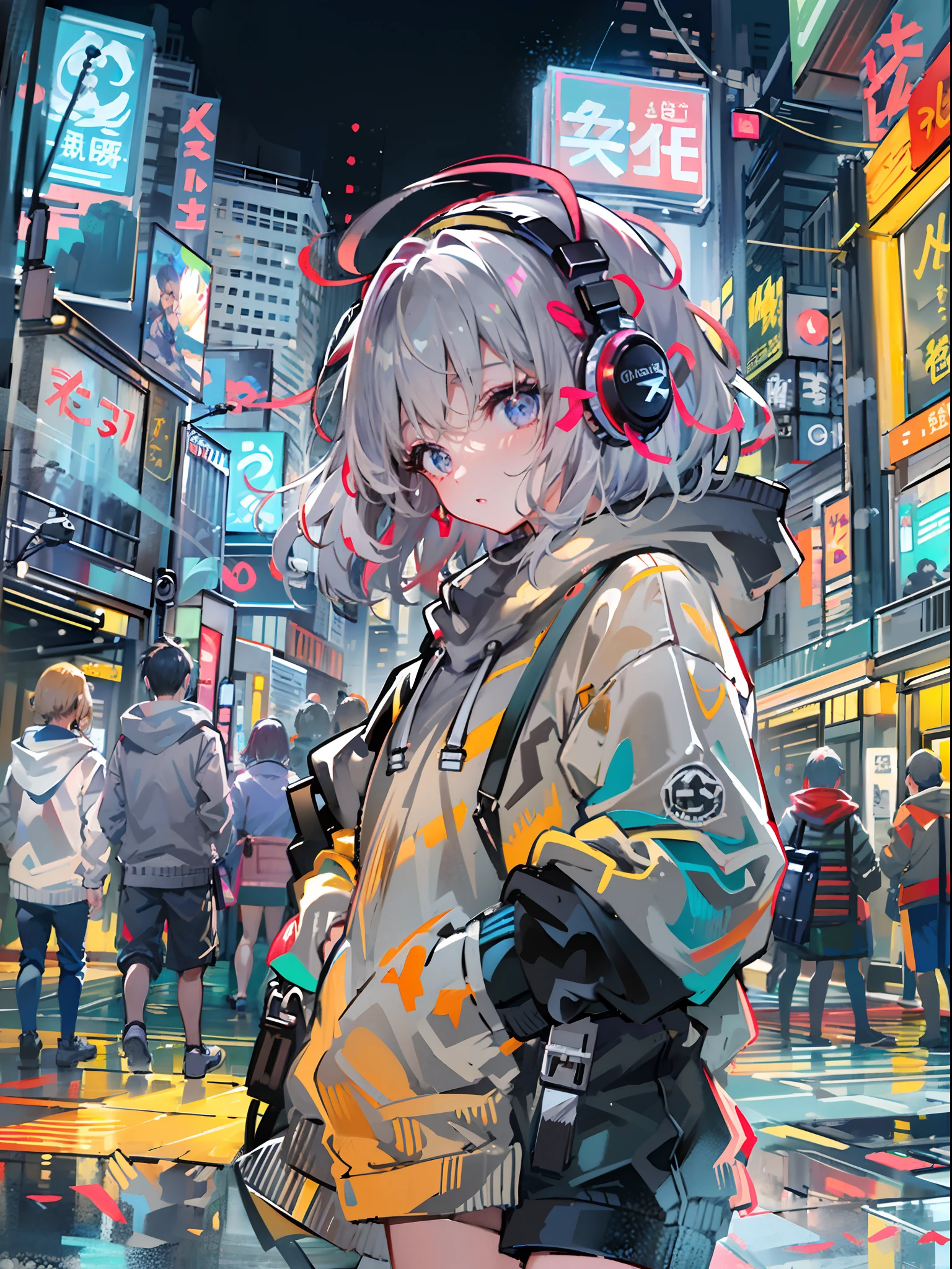 8K分辨率、((top-quality))、((​masterpiece))、((ultra-detailliert))、1 woman、独奏、incredibly absurdness、Oversized hoodies、headphones、Street、plein air、Sateen、neons、Shortcut Hair、Brightly colored eyes、Hands in pockets、shortpants、water dripping