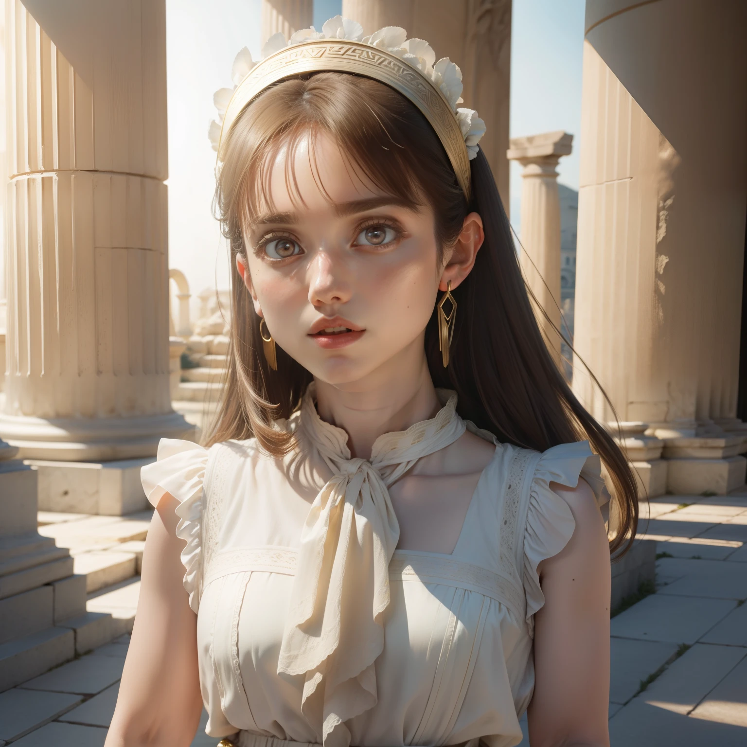 , face lighting, big eyes, white vest, bright back lighting, gold clamp, necklace, top armband, linen hair, greek gauze skirt, greek temple, Athens, ultra high res, best quality, photo, 4k, (photorealistic: 1.2),