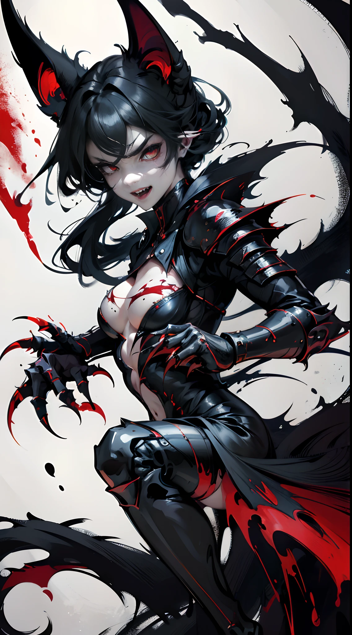 Fierce black cat，Dark red eyes，Extreme body detail close-up,White fangs,Sharp claws，Crawl on the ground，blood-stained armor,The armor is tattered,Blood dripping,Blood dripped from the corners of the mouth,True blood,Full body like,Prepare to pounce
