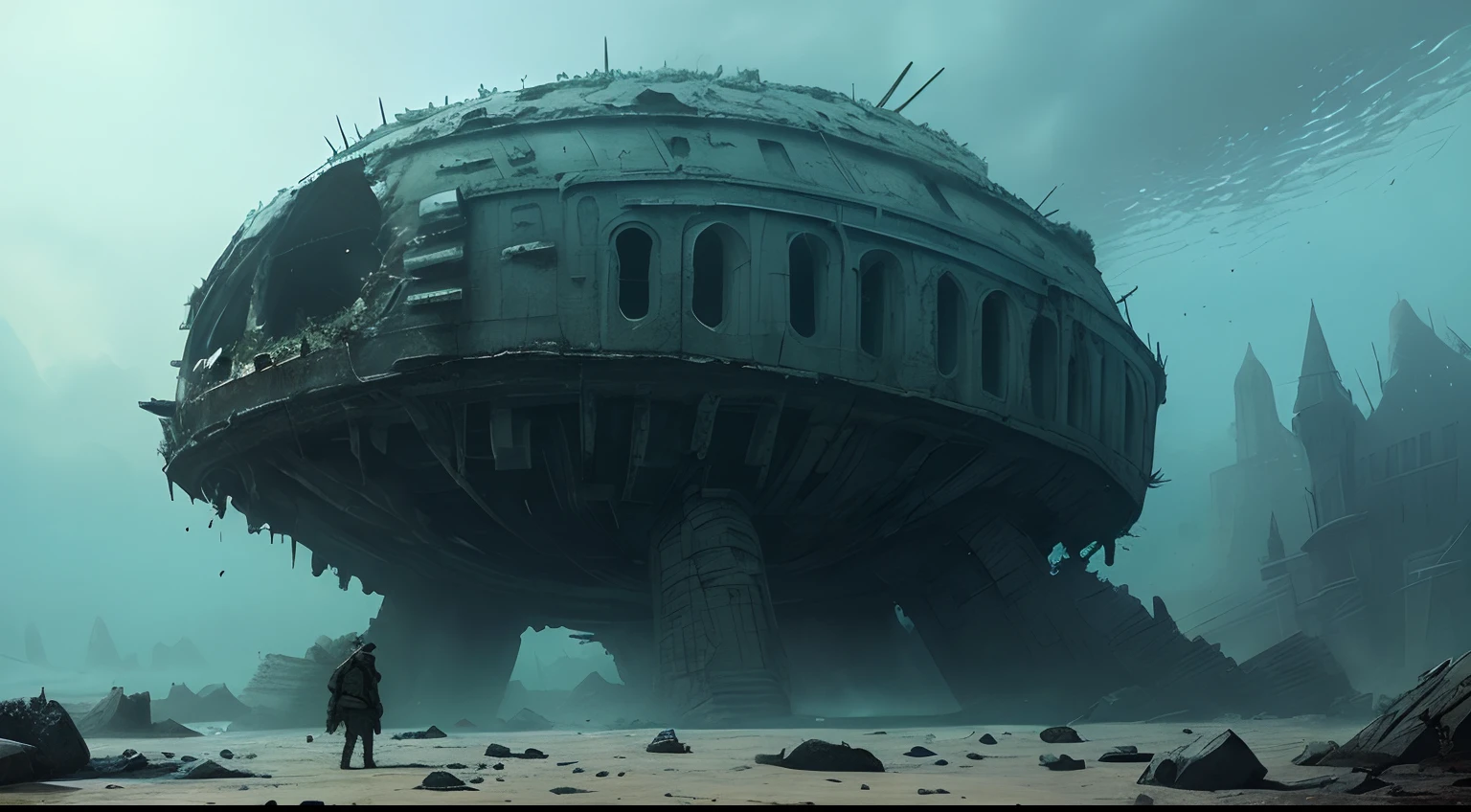 (Extreme close-up) photore (Scared:1.1) (At the bottom of the lake:0.9), (Underwater sleeping pods:1.2), (A giant old dead alien giant:1.2), There is no light in the eyes,Falling ashes, Netsuit,(The stone pillars collapsed, 12th century, 1.2),airbubble,Beam light, insanely details, Cinematic, epic realistic, Intricate details, ultra - detailed, High quality, primitive, author:Jakub Rozalski