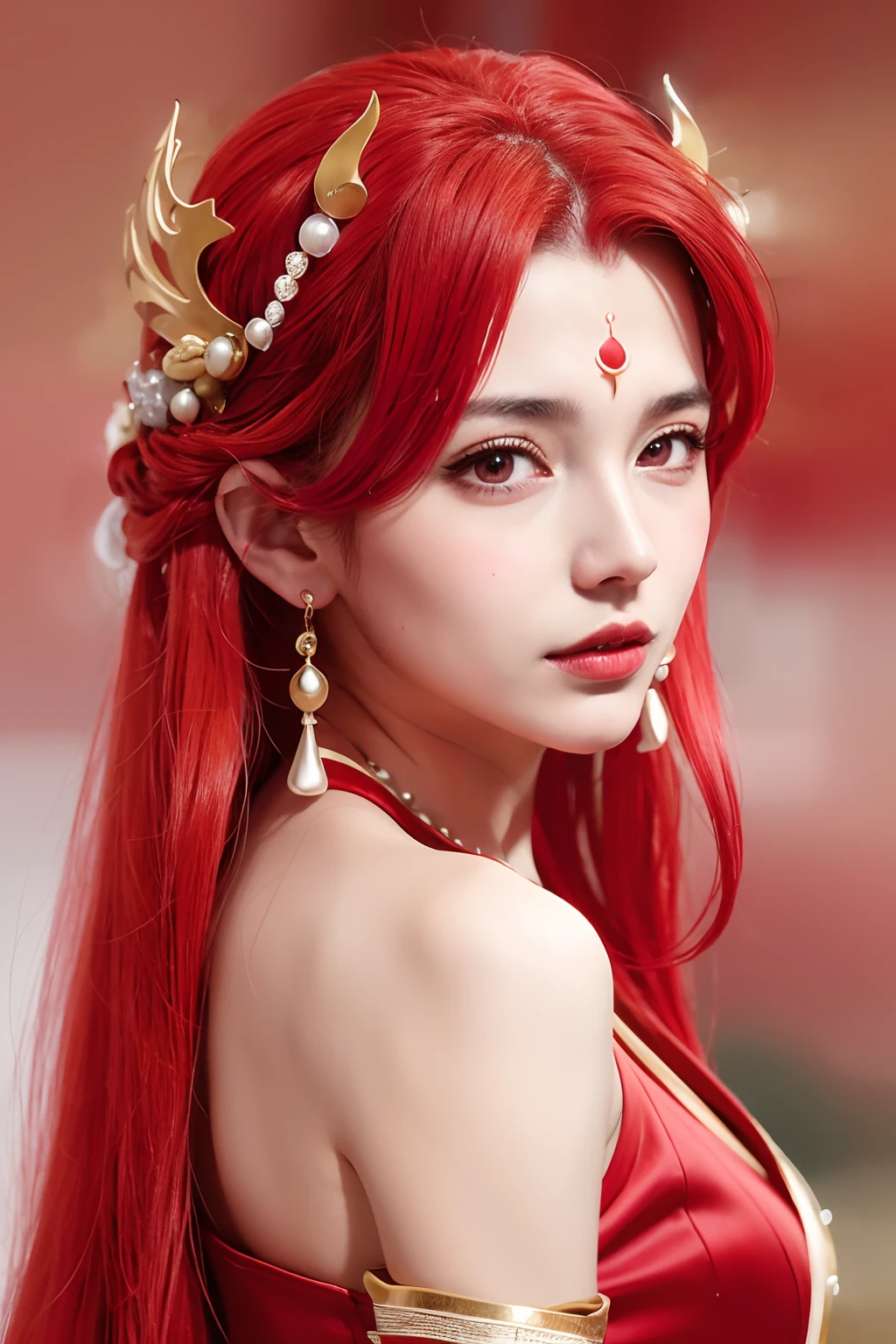 Girl, young and beautiful, tall and beautiful, fair face, perfect features, tall and beautiful, fair skin, good figure, heroic and valiant, heroic and valiant, wearing ancient Chinese armor, female general, Chinese landscape background, standing on the top of the mountain, 500 years ago, starry night, realistic, detailed, 8k, mix4, red_dress,starry sky, fire, red hair, solo, hair ornament, long hair, red eyes, jewelry, earrings, dress, bare shoulders, red lips, upper body, white background, facial mark, crescent, lipstick, forehead mark, looking at viewer