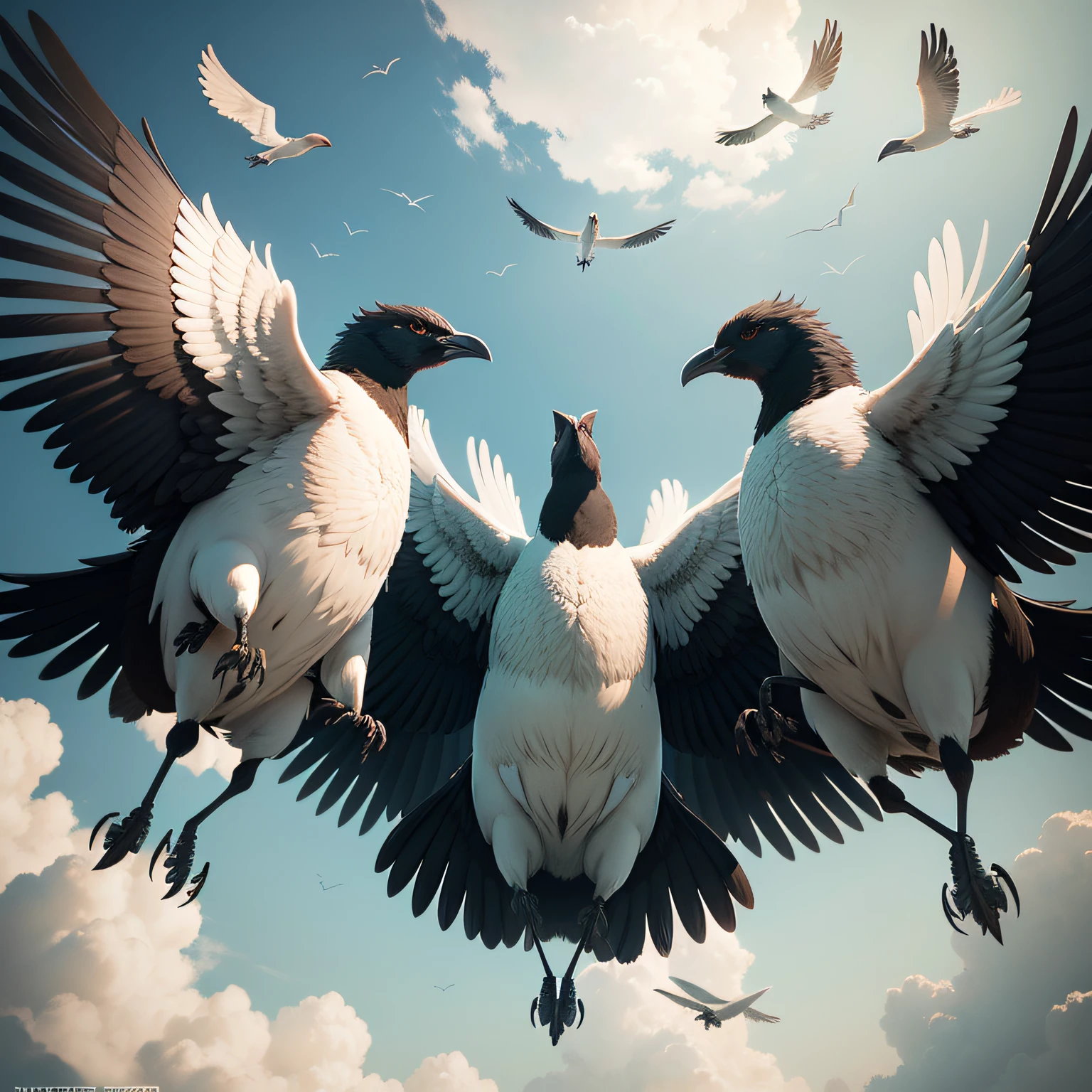 tmasterpiece,A high resolution,Complex scenes,Detailed content,CG animation,The picture shows a flock of magpies flying in a row in the sky