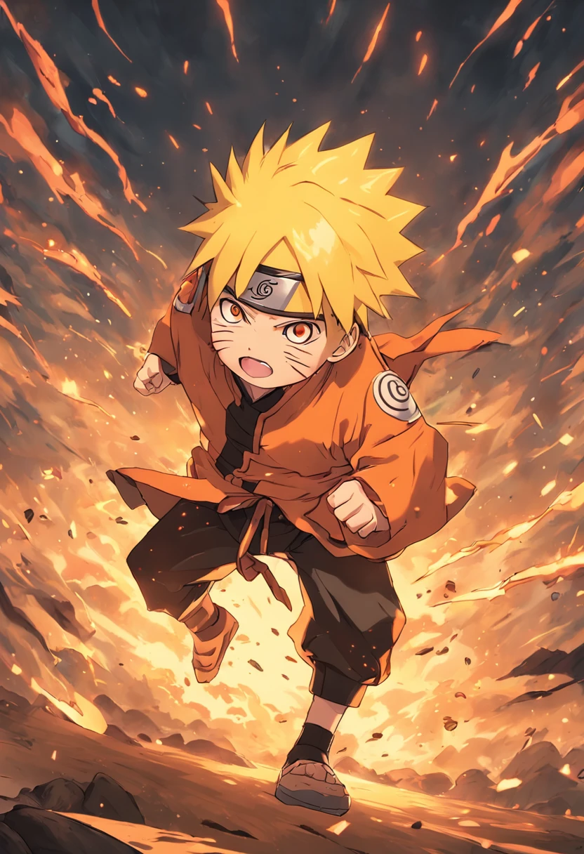 chibi chara (( naruto uzumaki)) em campo de batalha, cara de furia, pose de luta, estilo anime, by masashi kishimoto --auto