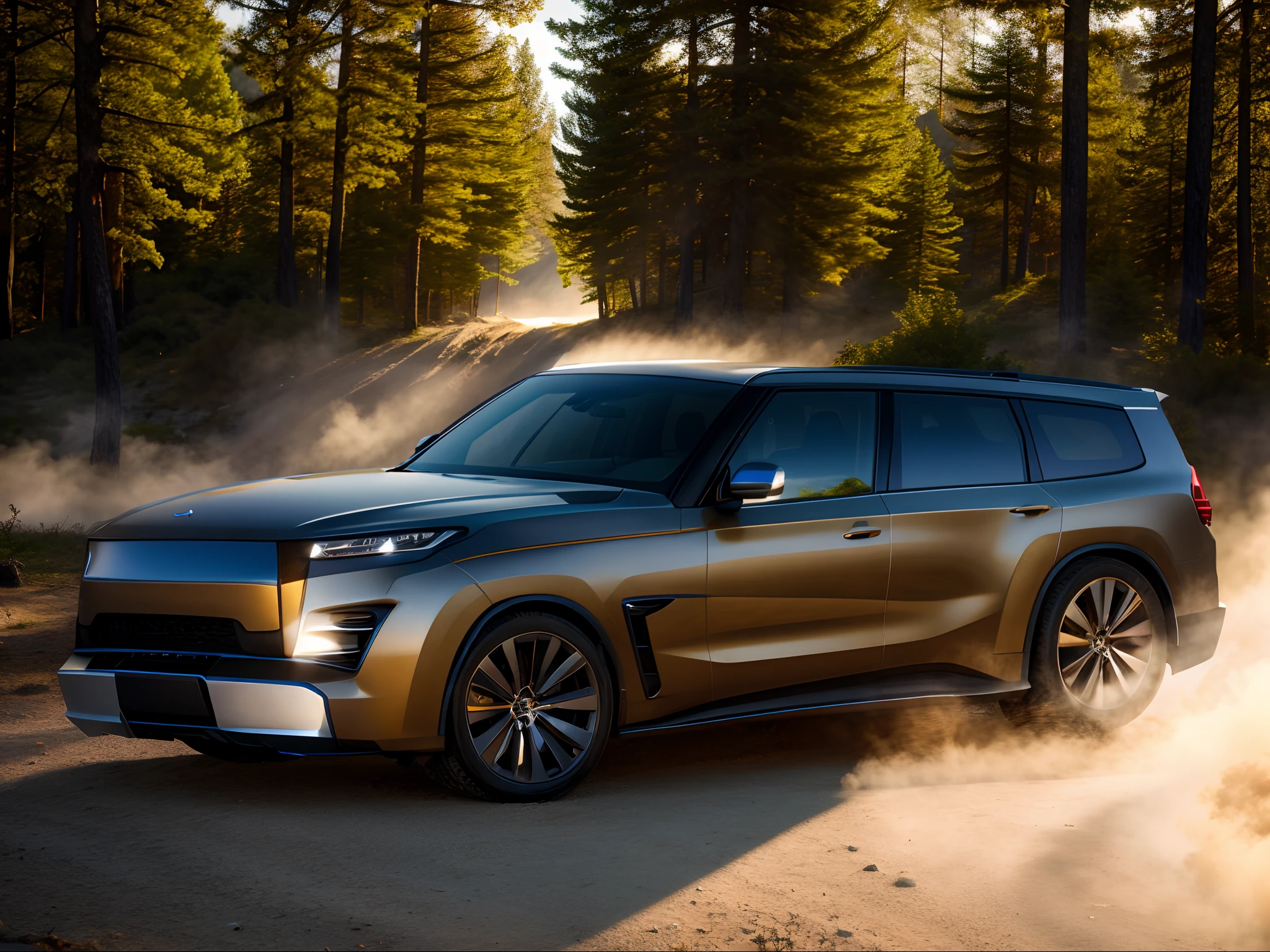 SUV,All-in-one medium grid, tmasterpiece, Best quality at best, high qulity, realistic scene, A high resolution, Sharp, on focus, 4K, Very detailed, Ray traching, Shadow dynamics, Light dynamics, forest backgrou,