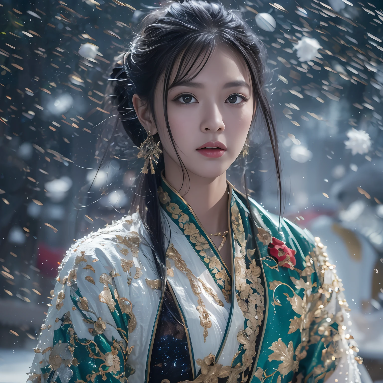 32K（tmasterpiece，k hd，hyper HD，32k）Flowing short hair，Backroom pond，zydink， a color，  Asian people （Silly girl）， （Silk scarf）， Combat posture， looking at the ground， long whitr hair， Floating hair， Python belly pocket， Chinese clothes jacket， longer sleeves， （abstract ink splash：1.2）， white backgrounid，Kirin Beast Protector （realisticlying：1.4），black color hair，Snowflakes fluttering，The background is pure， A high resolution， the detail， RAW photogr， Sharp Re， Nikon D850 Film Stock Photo by Jefferies Lee 4 Kodak Portra 400 Camera F1.6 shots, Rich colors, ultra-realistic vivid textures, Dramatic lighting, Unreal Engine Art Station Trend, cinestir 800，