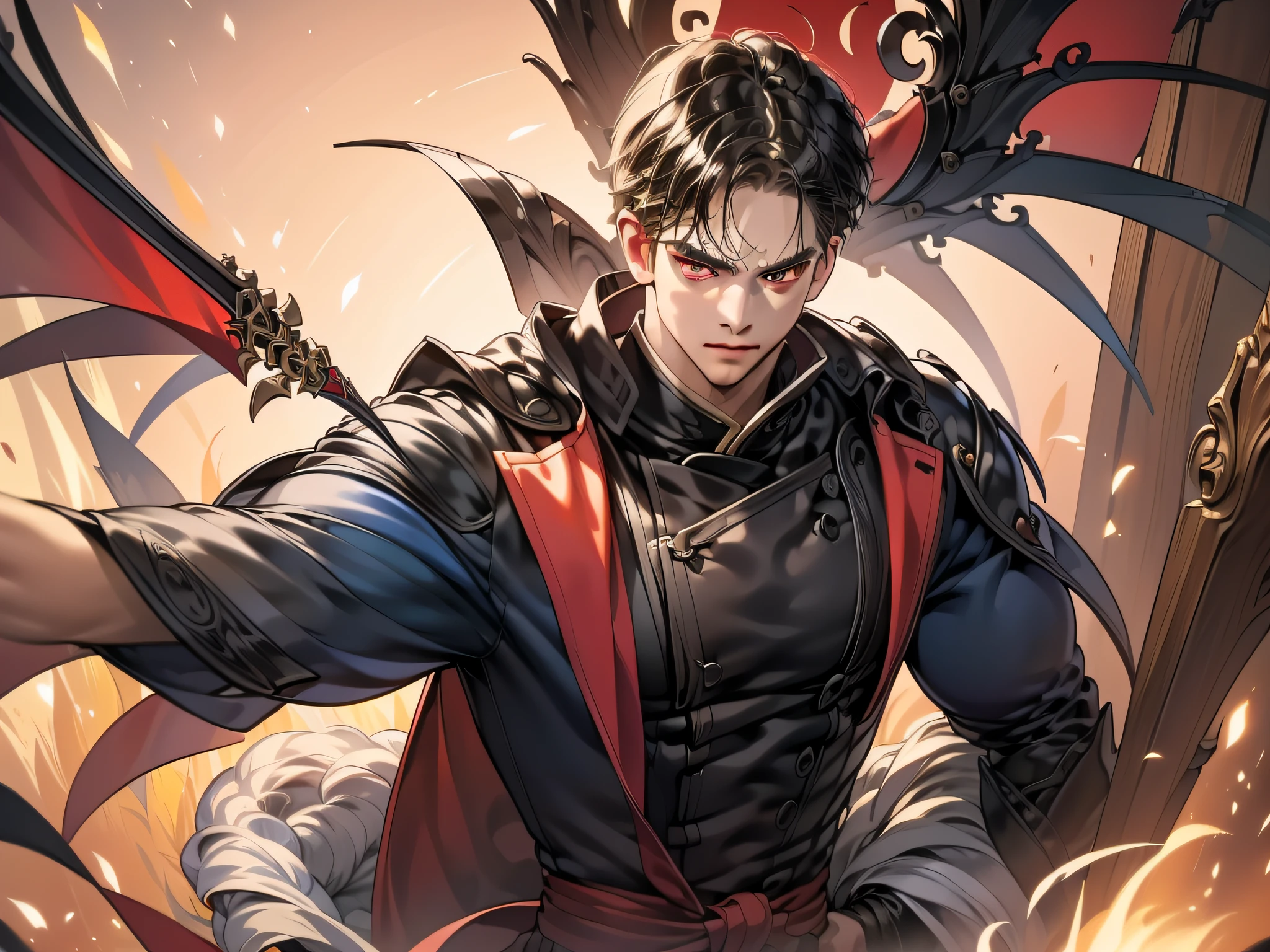 (Ultra detailed CG unit 8k wallpaper, Master Parts, Best Quality, depth of fields, nffsw, complex), tall, The sinister Dark Assassin wears a metal mask,Bright red eyes,Light and dark armor,Behind him wears a modest red cloak,Holding a sharp dagger in his arm,Step into the burning village, (complex: 1.4) (Master Parts: 1.4) (Illustration: 1.4), Red Studio Lighting, Post-processing, 8K resolution, deep dark background, imposing, Well-composed photos, Impressive, Dark Fantasy (director: Greg Rutkovsky: 1.2), (blacken: 1.5)