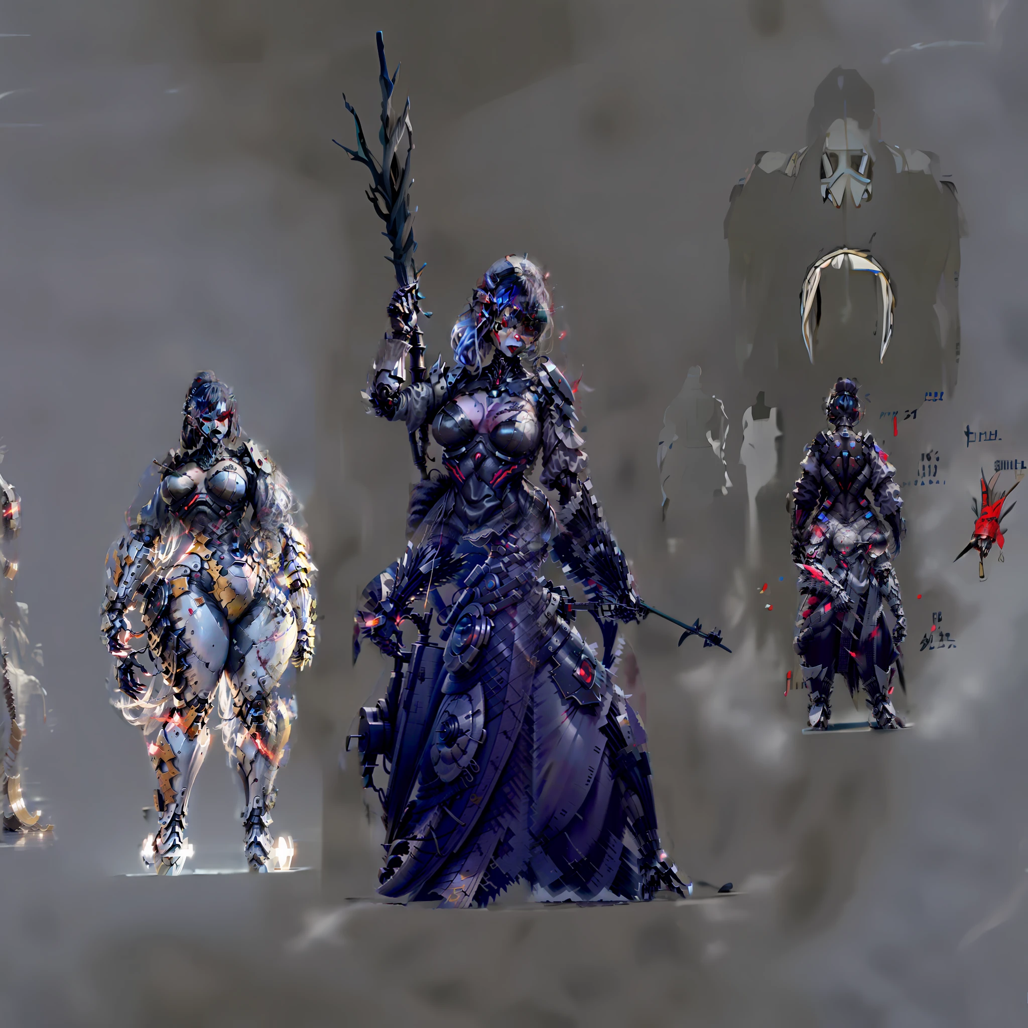 Masterpiece,Exquisite,Realistic style,Morbid dark sci-fi style gothic girl,She held a steel staff,The eyes are blood-red,Beautiful looks。A blood-red sword was tied around his waist,The left arm was replaced by a huge mechanical prosthesis,Wear a delicate and conspicuous white sci-fi style combat suit,It was followed by many white sci-fi soldiers armed with guns。She also wears firearms herself。