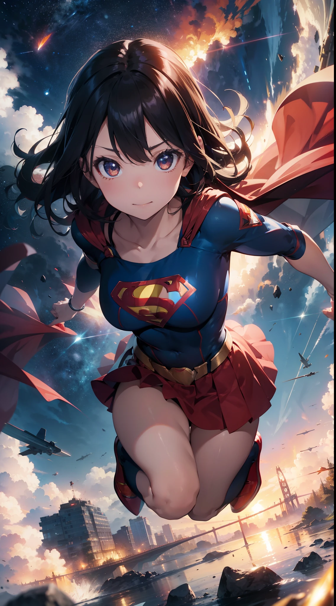 Two-dimensional painting style,Supergirl ,Image of a beautiful brunette woman with black eyes, hdr(HighDynamicRange), Ray traching, NVIDIA RTX, Hyper-Resolution, Unreal 5, Subsurface dispersion, PBR Texture, Post-processing, Anisotropy Filtering, depth of fields, Maximum clarity and sharpness, Many-Layer Textures, Albedo e mapas Speculares, Surface coloring, Accurate simulation of light-material interactions, perfectly proportions,rendering by octane,twotonelighting,largeaperture,Low ISO,White balance,trichotomy,8K raw data,The Superman S symbol is used on the chest,There are long and wide red cloaks,Wide red cloak,short red dress,the sky background,Supergirl soared high into the air,Full body in camera,One leg straight。