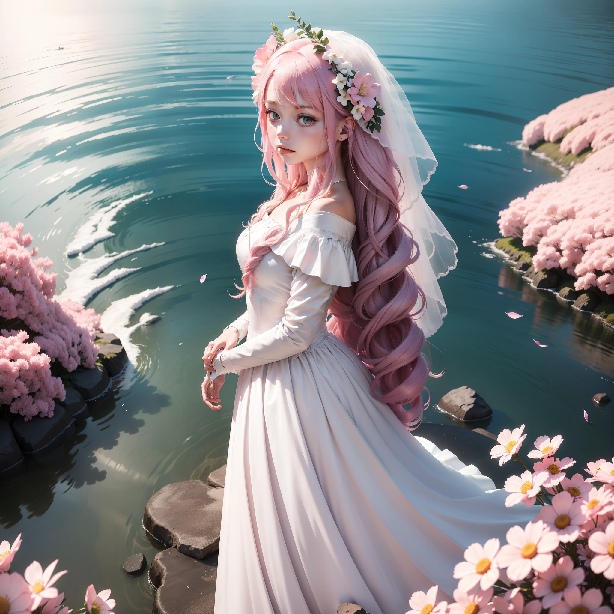 Girl with long pink hair wearing a white wedding dress,Stand in a sea of white flowers