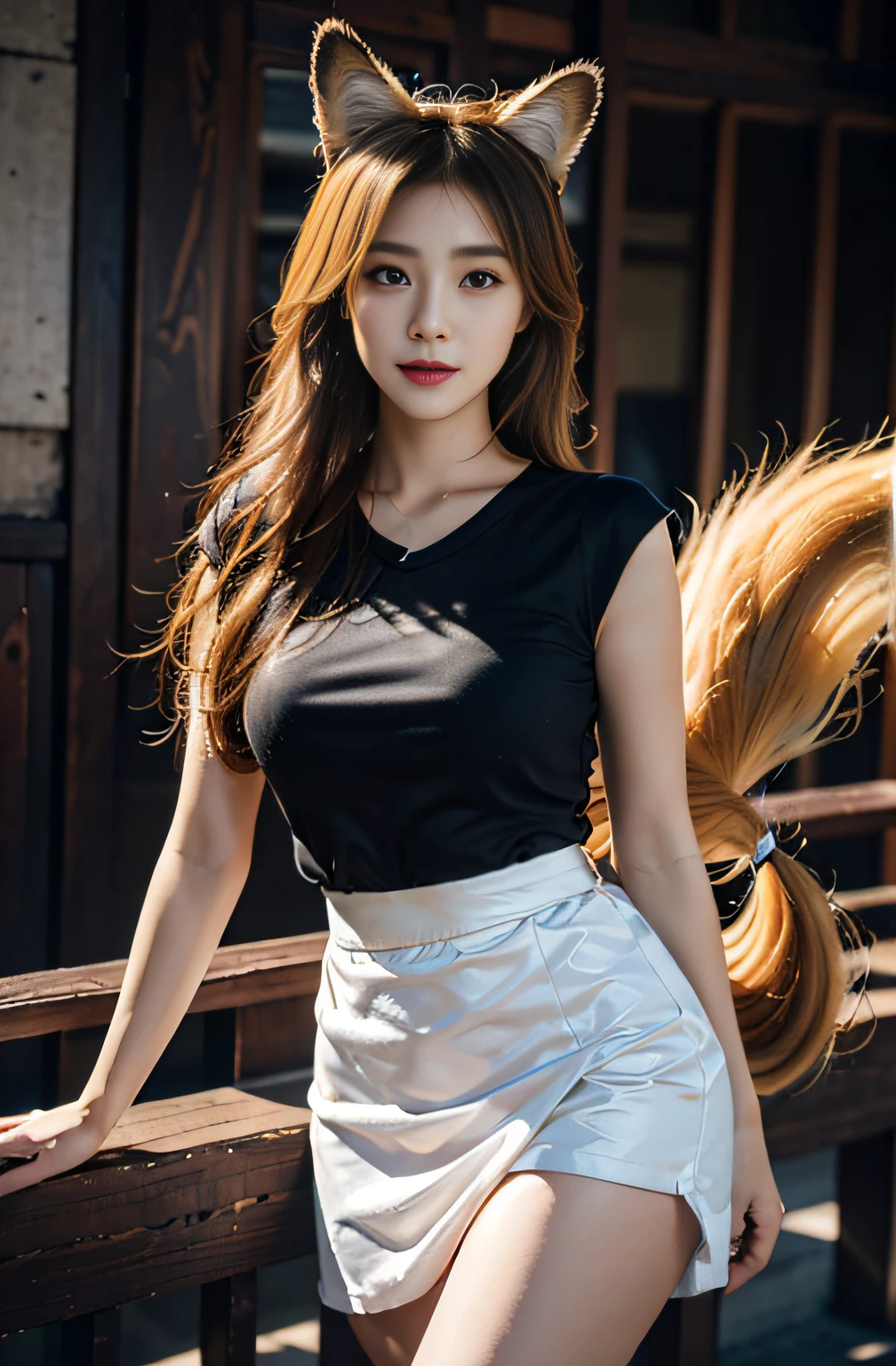Super Resolution, (Realism: 1.3), 1 (Slim: 1.2) Girl, Solo, Looking at the Audience, League of Legends, Beaver, KDA Beaver, Blonde Hair, Fox Ears, Fox Tail, Clothes Wrapped Top, Blue Long and Short Skirt, White Long Skirt, Laser Sense, Super Perfect Face, Perfect Eyes, Pretty Face, Crystal Tail, Lots of Tails, Perfect Eyes, Multi-layer Texture, Albedo and Highlight Maps, Surface Coloring, Two-color Light, Large Aperture, Low ISO, White Balance