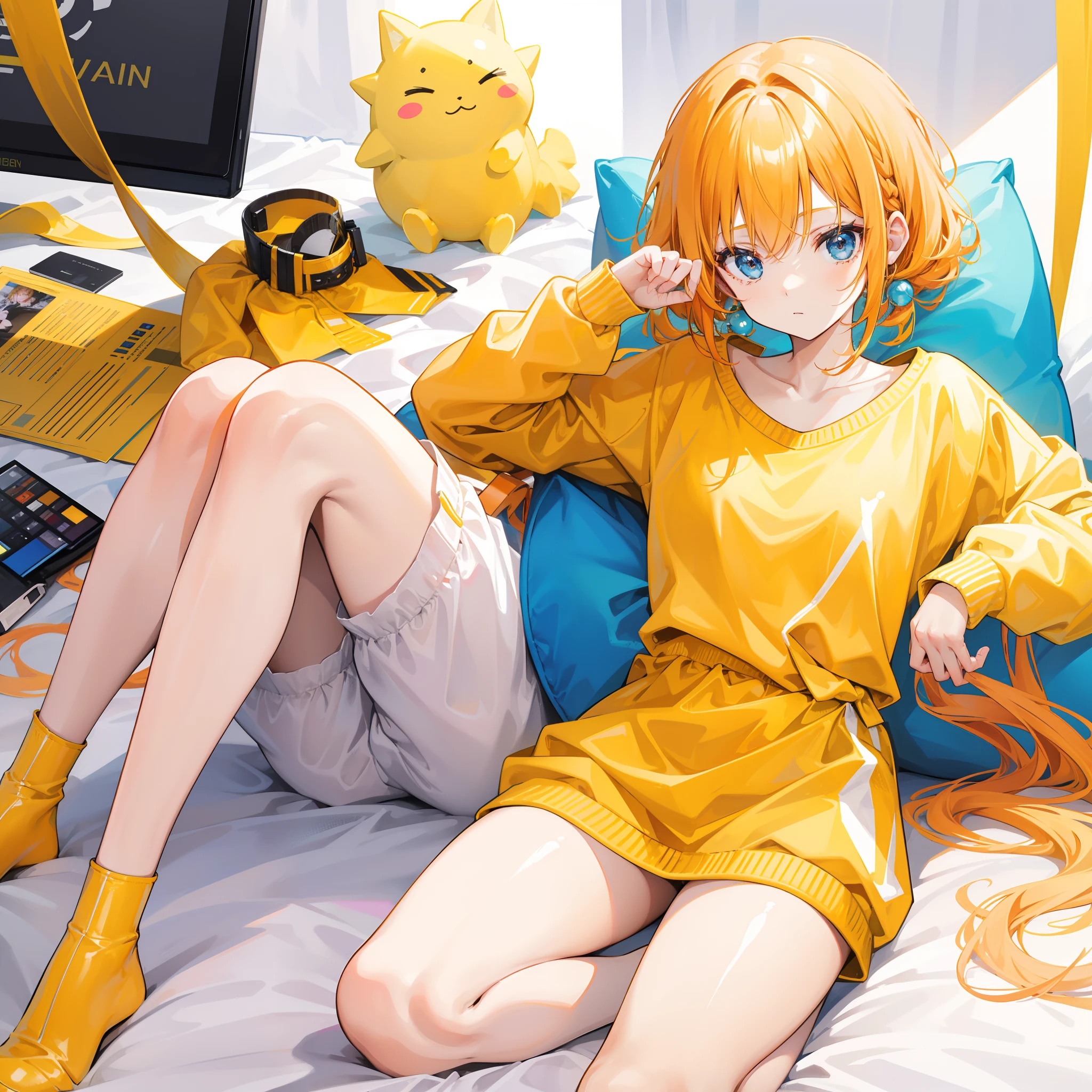 Yellow cat ears,of long hair,There is a small fish tail,,Casual wear,Lying on the sofa。