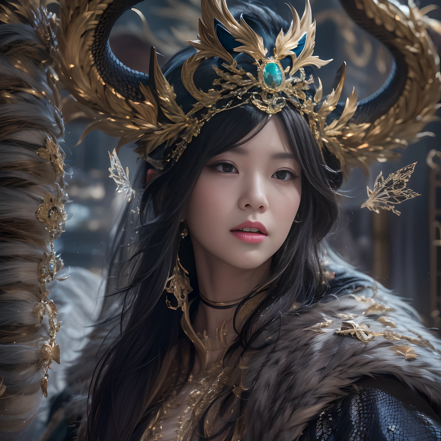 32K(tmasterpiece,k hd,hyper HD,16k)with short black hair,Canyon in the back room,Black burgundian hair girl ,Golden Dragon Protector (realisticlying:1.4),Python robe,Purple-pink tiara,Snowflakes fluttering,The background is pure, A high resolution, the detail, RAW photogr, Sharp Re, Nikon D850 Film Stock Photo by Jefferies Lee 4 Kodak Portra 400 Camera F1.6 shots, Rich colors, ultra-realistic vivid textures, Dramatic lighting, Unreal Engine Art Station Trend, cinestir 800,Close-up of the side of the half