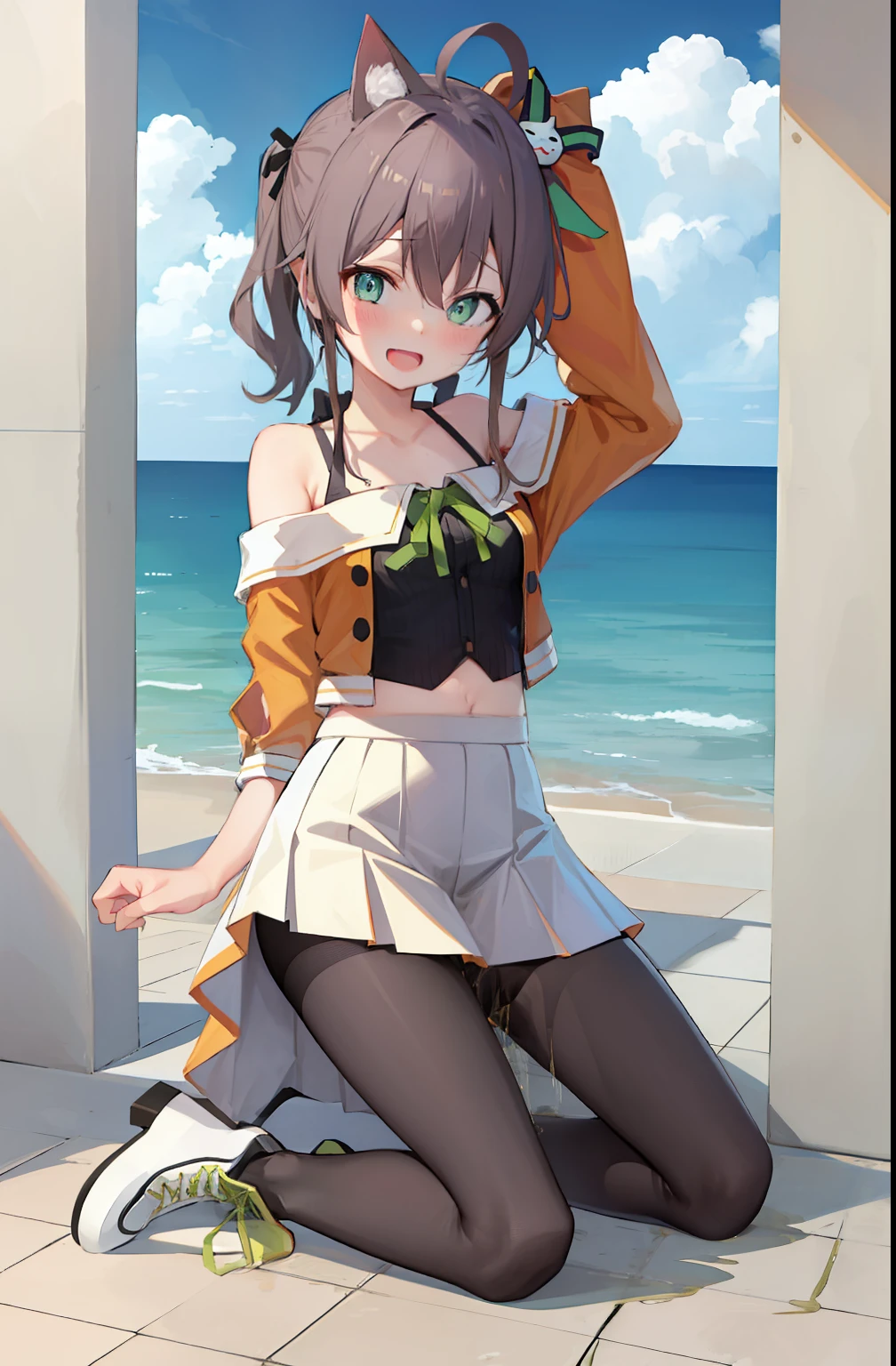 masterpiece, best quality, ultra-detailed, illustration, 1girl, :d, ahoge, bangs, bare shoulders, black pantyhose, black ribbon, blush, boots, breasts, camisole, cat hair ornament, clothes lift, collarbone, crop top, cropped jacket, full body, green eyes, green ribbon, hair between eyes, hair ornament, hair ribbon, halterneck, hand up, jacket, lifted by self, looking at viewer, medium hair, midriff, miniskirt, natsuiro matsuri, neck ribbon, off-shoulder jacket, off shoulder, open mouth, orange jacket, pantyhose, pleated skirt, ribbon, shirt, short sleeves, side ponytail, side slit, skirt, skirt lift, smile, solo, spaghetti strap, standing, striped, waving, white footwear, white skirt, sad, blush, crying, tears, peeing self, peeing girl, pee stain, pee stream, dirty skirt, wetting, puddle of pee