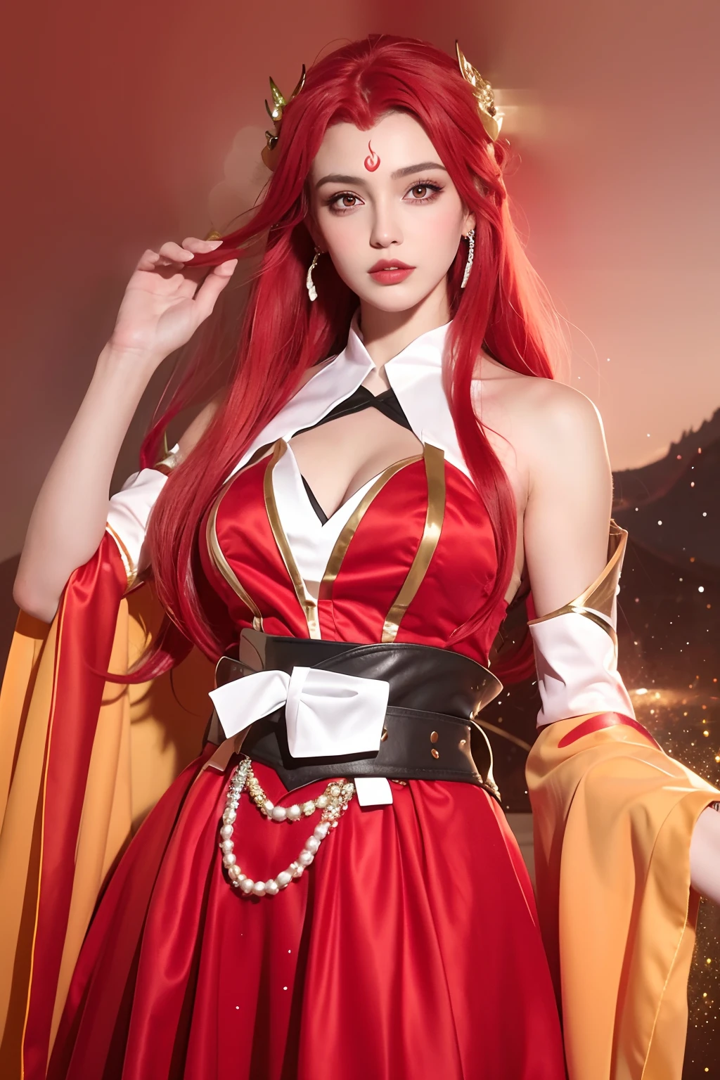 Girl, young and beautiful, tall and beautiful, fair face, perfect features, tall and beautiful, fair skin, good figure, heroic and valiant, heroic and valiant, wearing ancient Chinese armor, female general, Chinese landscape background, standing on the top of the mountain, 500 years ago, starry night, realistic, detailed, 8k, mix4,   red_dress,starry sky, fire, red hair, solo, hair ornament, long hair, red eyes, jewelry, earrings, dress, bare shoulders, red lips, upper body, white background, facial mark, crescent, lipstick, forehead mark, looking at viewer