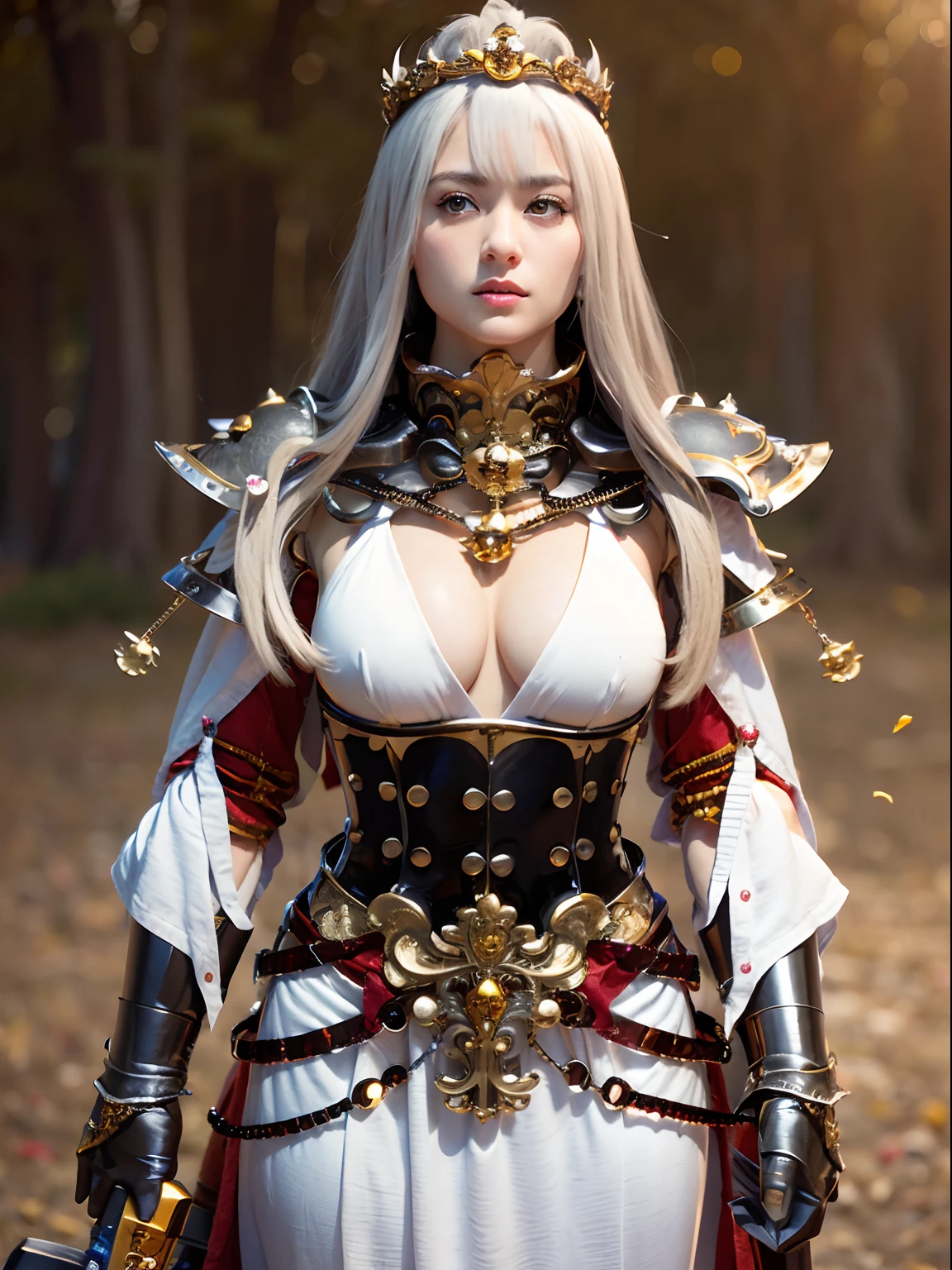 (masutepiece), Professional , masterpiece、top-quality、photos realistic , depth of fields (Gemstone Silver Metal Body:1.9),(Matte White、Jewel Gold Weapon(Jewel Metal Body:1.4),Gorgeous metal weapons , Detailed Sword of the Brave , Beautiful knife ,warhammer 40k , adepta sororitas,Detail and ornate jewel crown、Golden hair、Gangle's forest background、Beautiful Caucasian beauty、1a person、dynamic ungle,(((Detailed and ornate diamond crown)))、Smaller head、A smile、Background inside the castle、Thin and beautiful female hands、cleavage of the breast、Soldier in iron armor on background、Soldier in iron armor on background、Mystical expression、Light Effects、