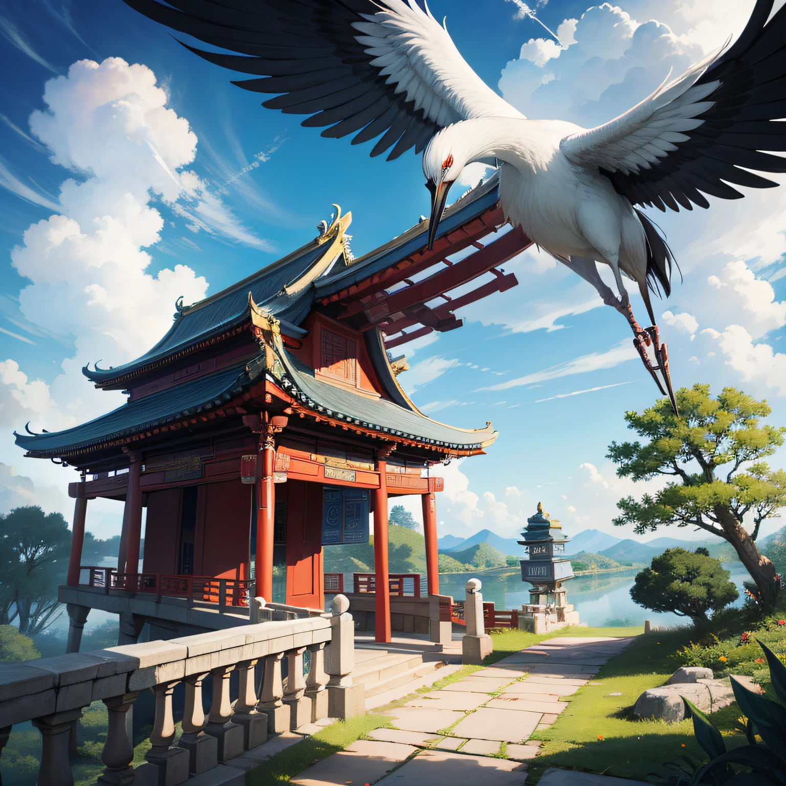 tmasterpiece,A high resolution,Complex scenes,detailed face with,CG animation,Chinese mythological story background,wonderland,bru,There are 2 people on the bridge,illustration,Crane,Clouds,Pavilions
