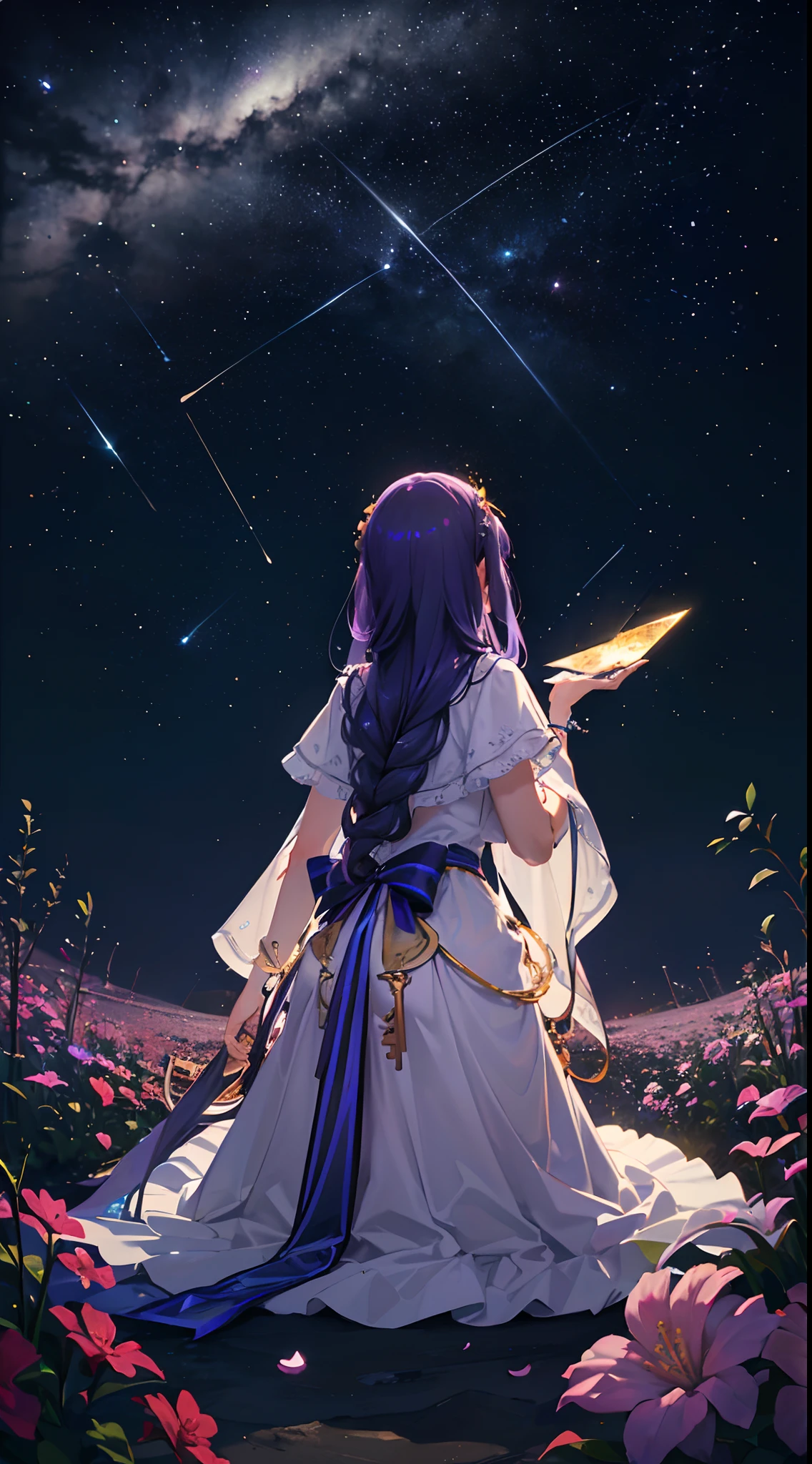 Vast landscape photos, (Sky and desert seen from below), beautiful man, Kneeling and praying in a flower garden looking up, (Take the key: 1.2), (shooting stars: 0.9), ( nebulas: 1.3), distant mountain, Tree Break Production Art, (Warm light source: 1.2), (Pyrilamp Light: 1.2), lamplight, Purple and orange, intricate detailes, Break lighting amount (Master Parts: 1.2) ), (Extremely high quality), 4K, ultra-detailliert, (Dynamic configuration: 1.4), Highly detailed and colorful details (iridescent: 1.2), (Sparkling lighting, Atmospheric illumination), dreamer, magia, (soio: 1.2) -- auto