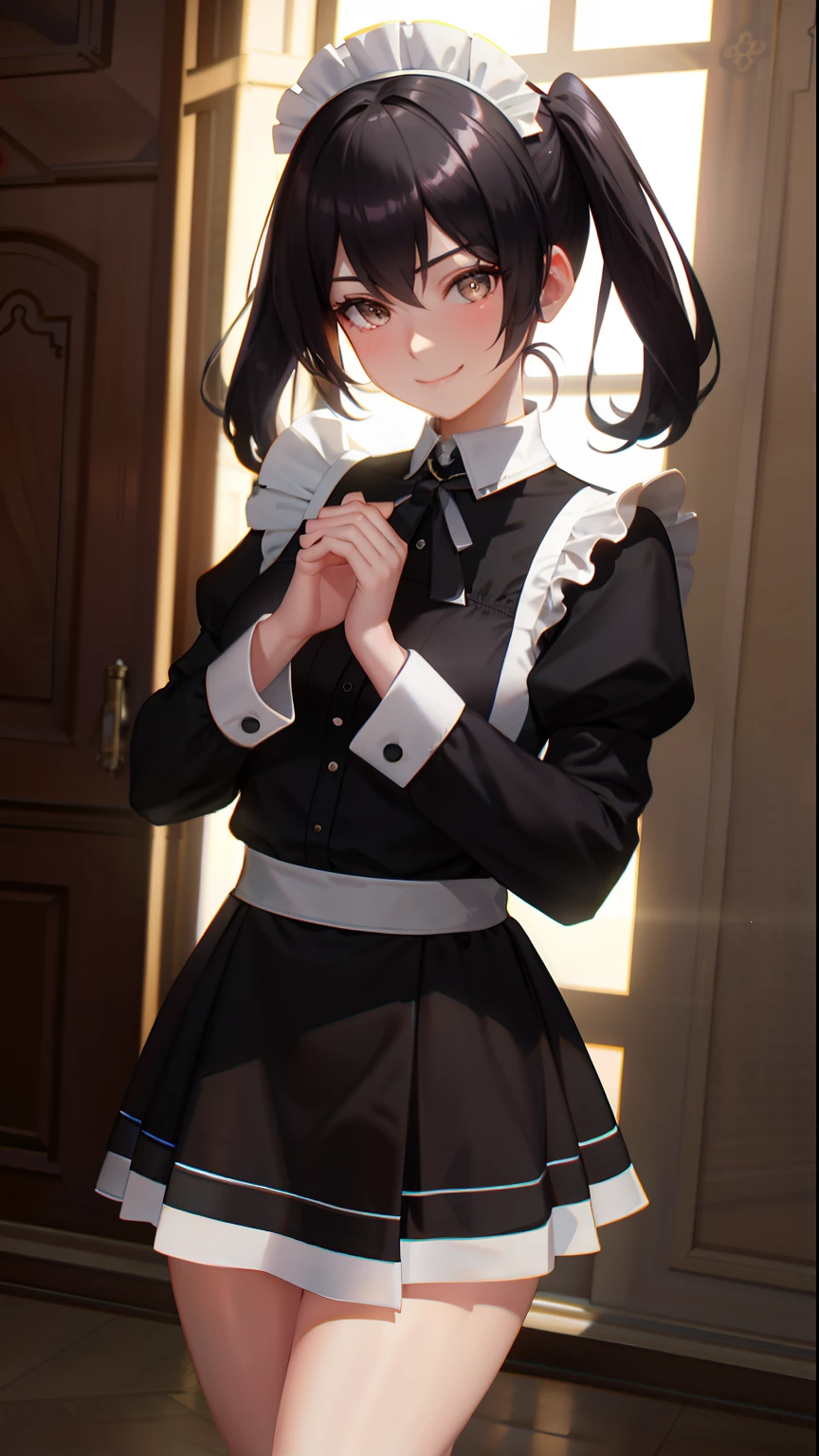 ​masterpiece, top-quality, Detailed details, Detailed landscapes, beatiful lights, Beautiful Shadows, 1girl in,sixteen years old,Black eyes,Shy smile, a miniskirt,Holding the skirt with your hands,Maid appearance,Hem care gestures, detailed skin textures, Tyndall effect,mansion,low angles