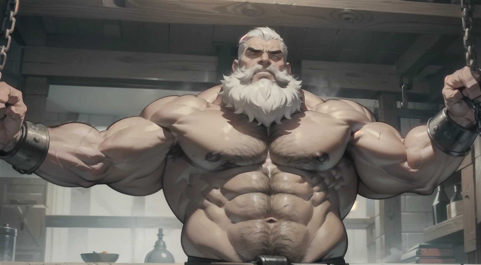 Upperbody of a bearded shirtless topless old muscular prisoner arms chained above his head in a dark basement prison, strong chest, strong arms, large muscles, white hairs, white beard, muscular, thick abs, pectorals, thick stomach, navel, large pectorals, thick wrists, orange prisoner pants, both arms up, hands chained over the head, shackles from ceiling chains his hands, showing armpits, hairy body, man bun hairstyle, big body, heavy muscular, angry, trying to free himself from the shackles, hulk body, chaines stretch his body, thick forearms, thick legs, thick arms