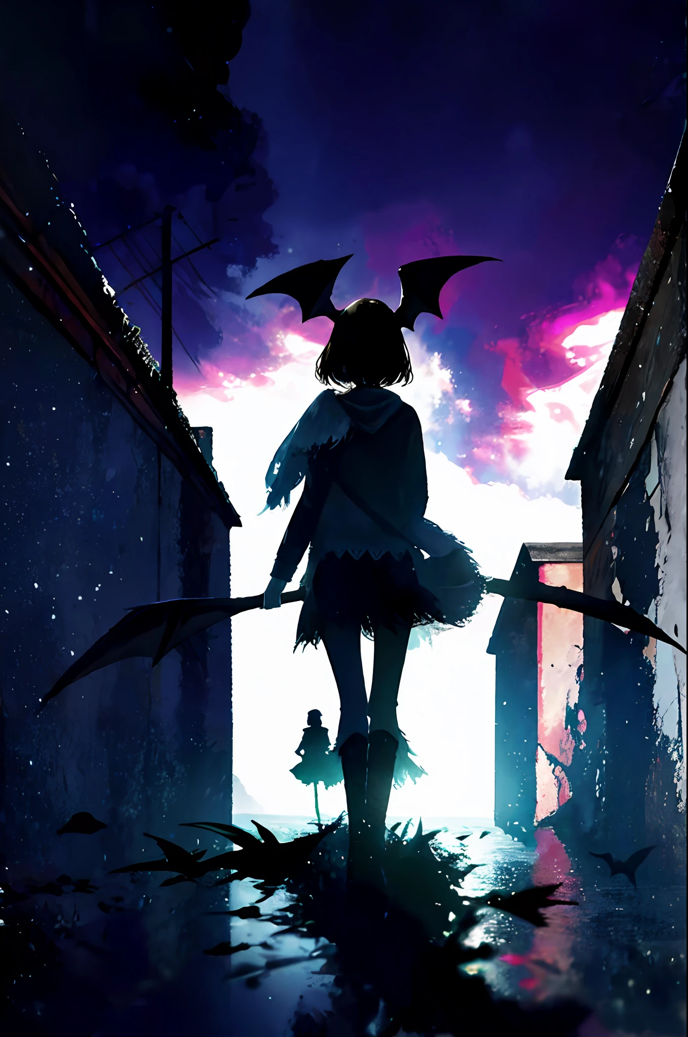 a girl walks in the dead of the night. a huge bat washes from above. a rainbow at night